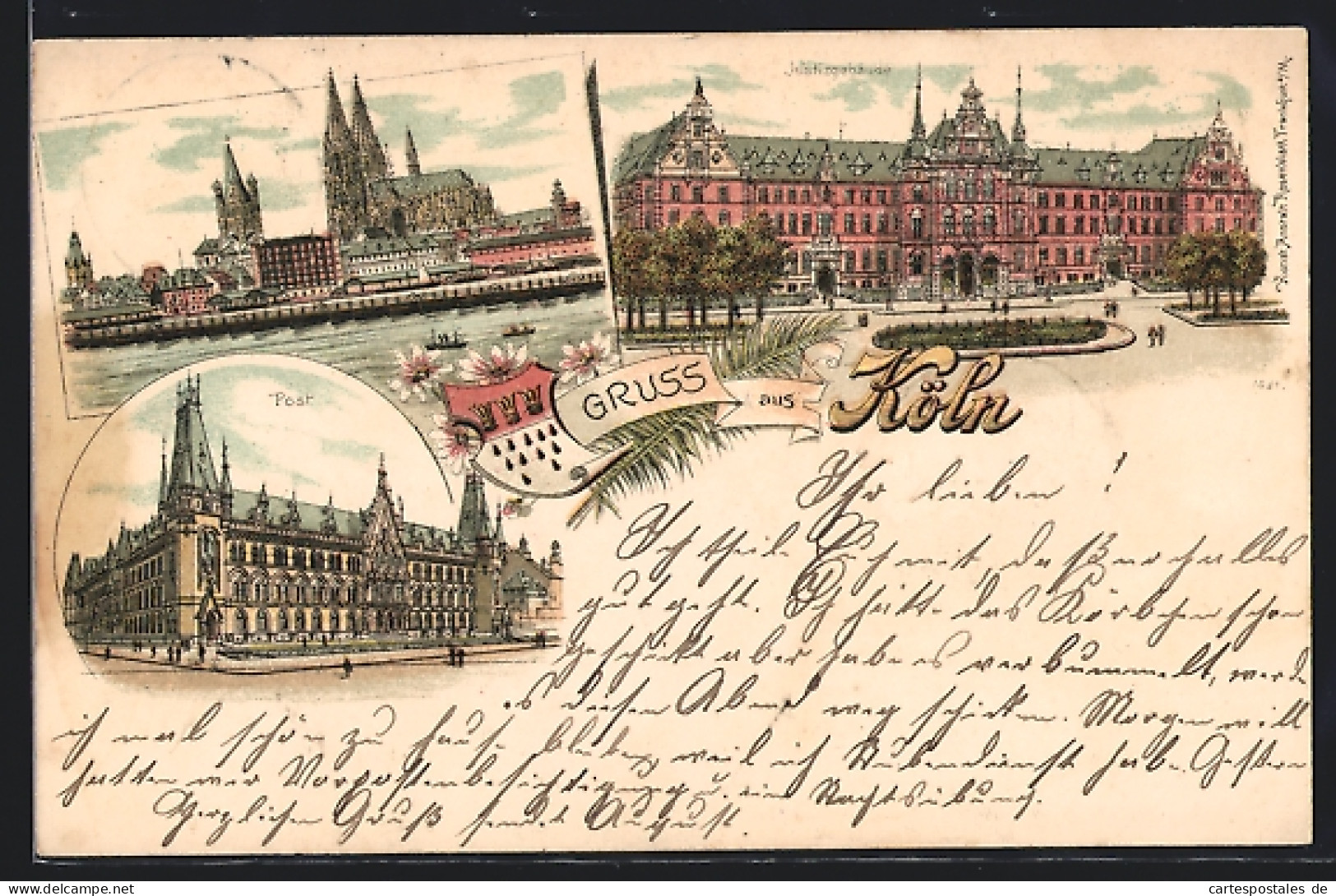 Lithographie Köln, Justizgebäude, Wappen, Post, Panorama Mit Dom  - Koeln