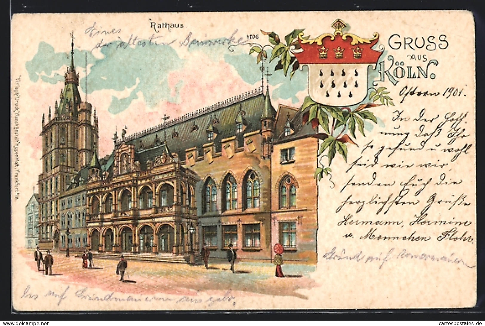 Lithographie Köln, Wappen, Rathaus Mit Strasse  - Koeln