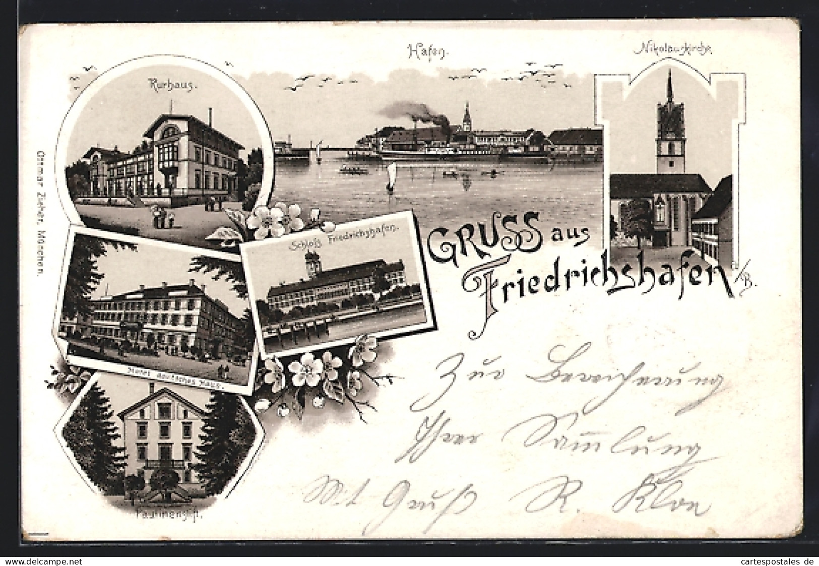 Lithographie Friedrichshafen, Hotel Deutsches Haus, Nikolauskirche, Hafen  - Friedrichshafen