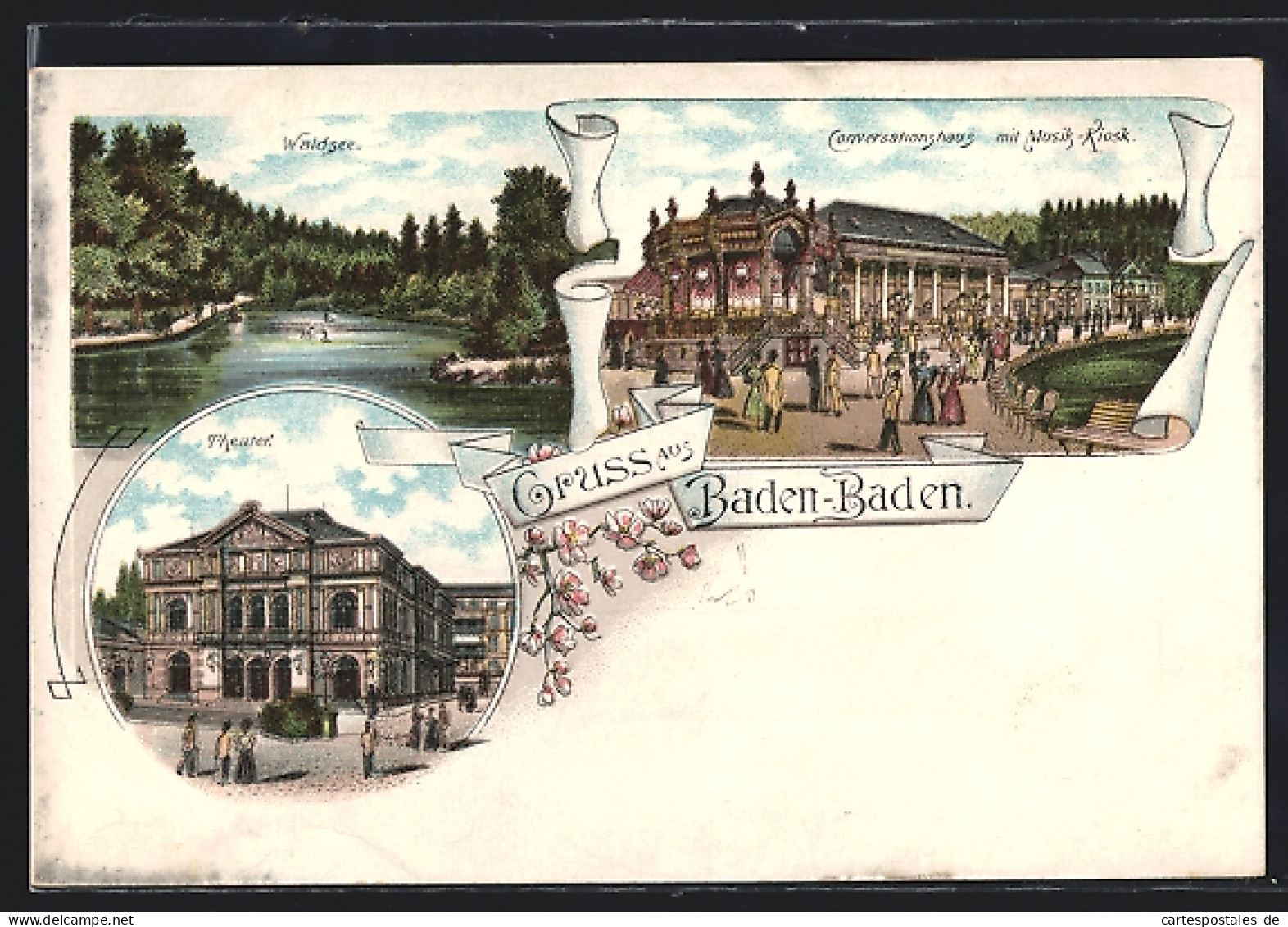 Lithographie Baden-Baden, Conversationshaus Mit Musik Kiosk, Theater, Waldsee  - Theater