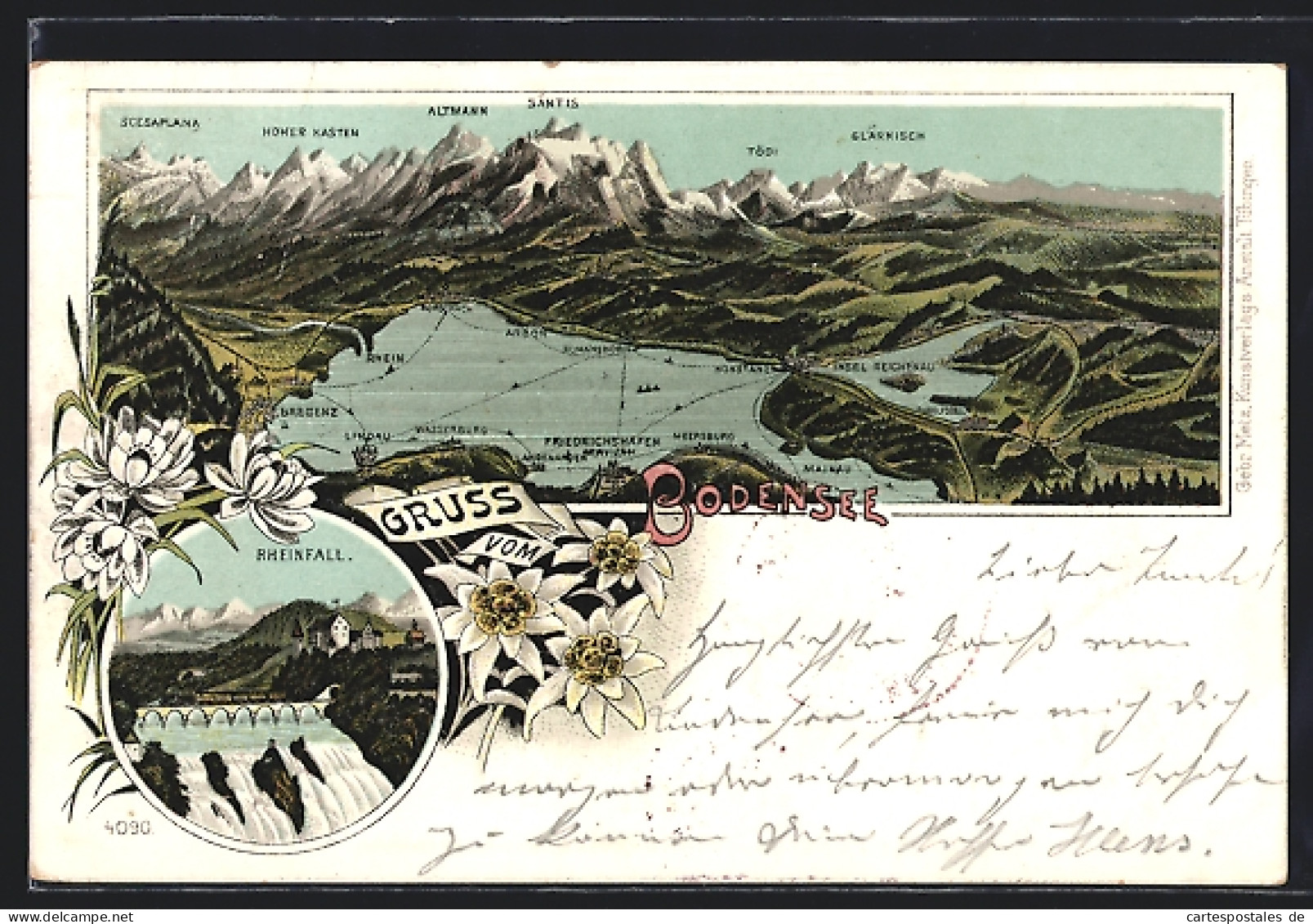 Lithographie Friedrichshafen A. B., Gesamtansicht Des Bodensees Mit Alpenlandschaft, Rheinfall Bei Schaffhausen  - Autres & Non Classés