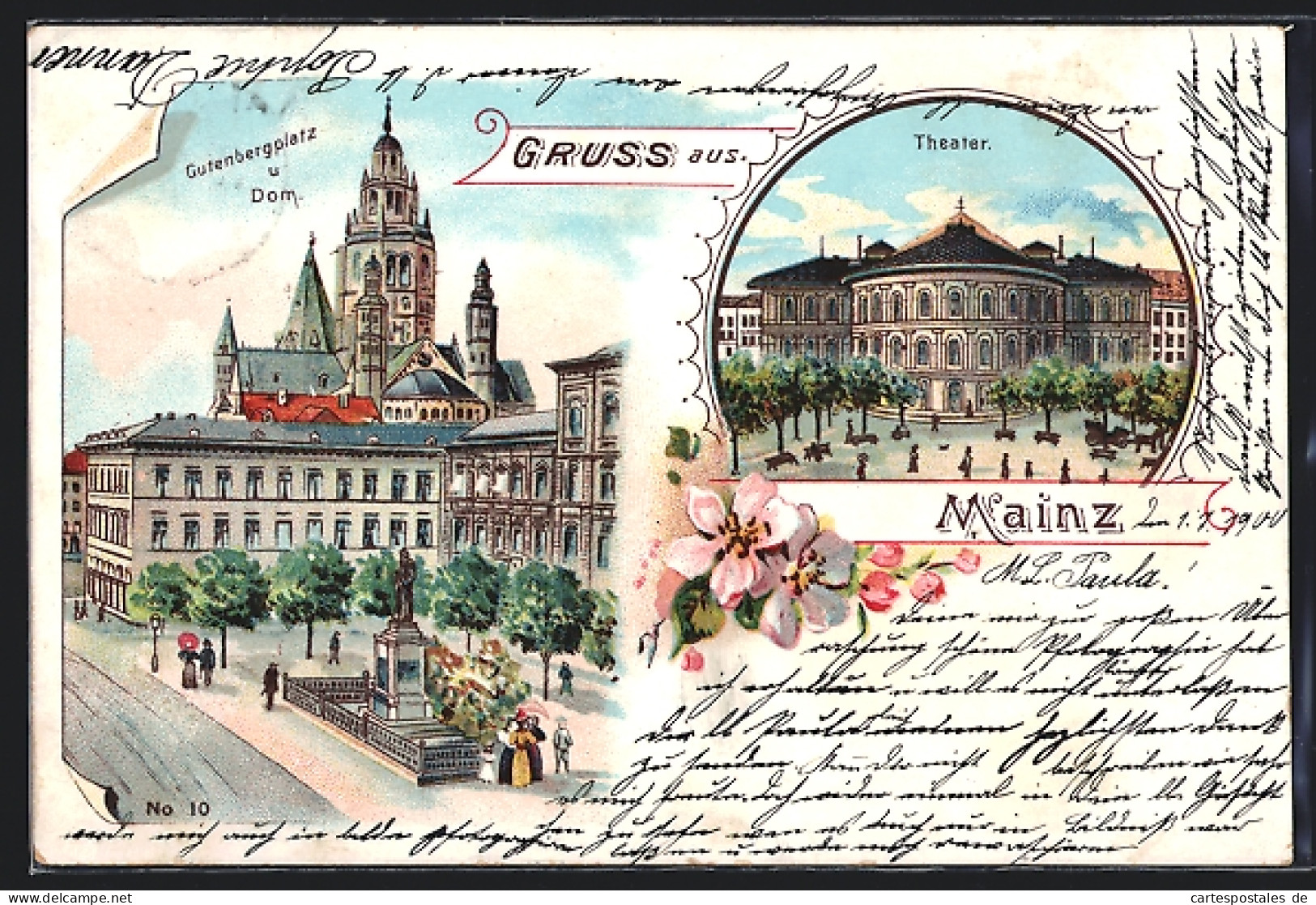 Lithographie Mainz, Gutenbergplatz Und Dom, Theater  - Théâtre