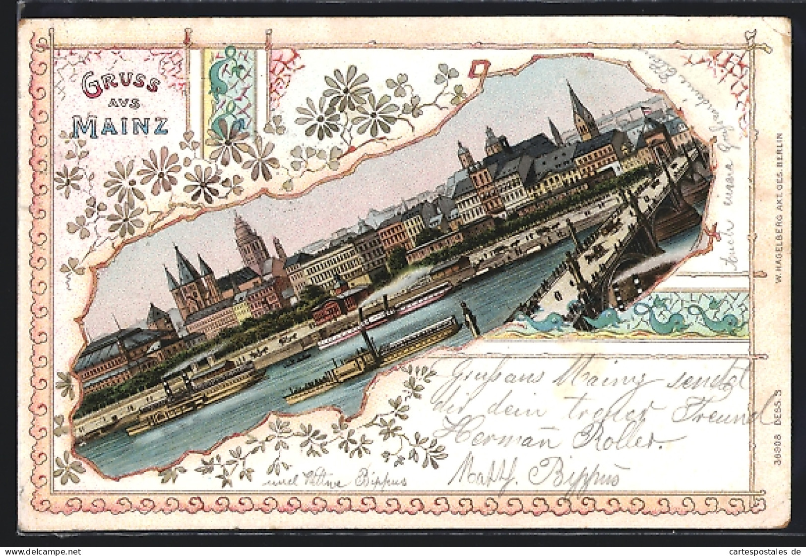 Lithographie Mainz, Partie Am Ufer, Dampfer  - Mainz