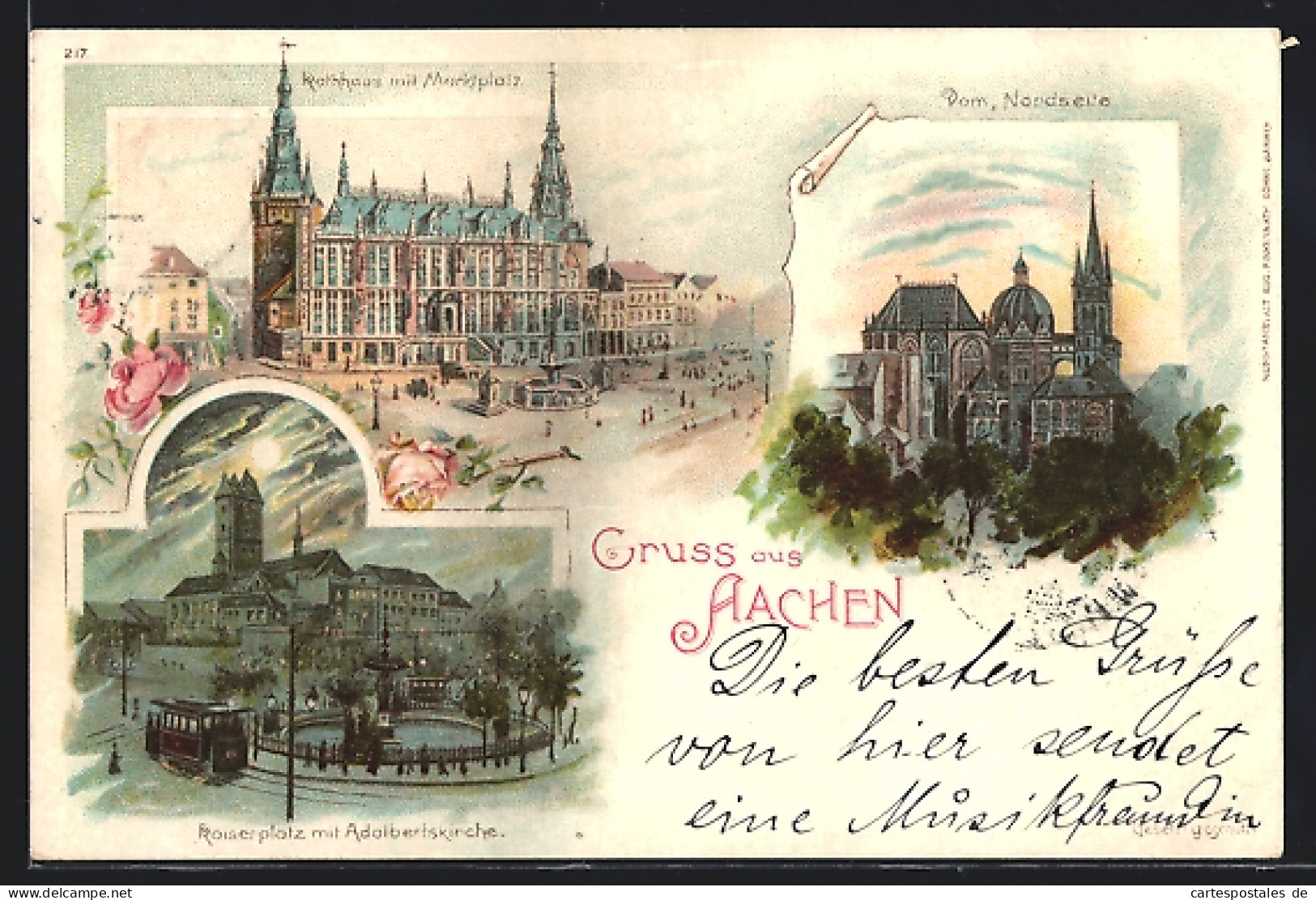 Lithographie Aachen, Rathaus Mit Marktplatz, Nordseite Des Doms, Kaiserplatz Mit Adalbertskirche  - Aachen