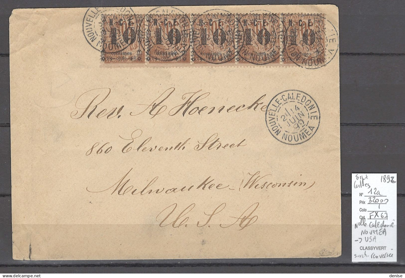 Nouvelle Calédonie - Yvert 12 A - Bande De 5 - Pour Les Etats Unis - 1892 - Lettres & Documents