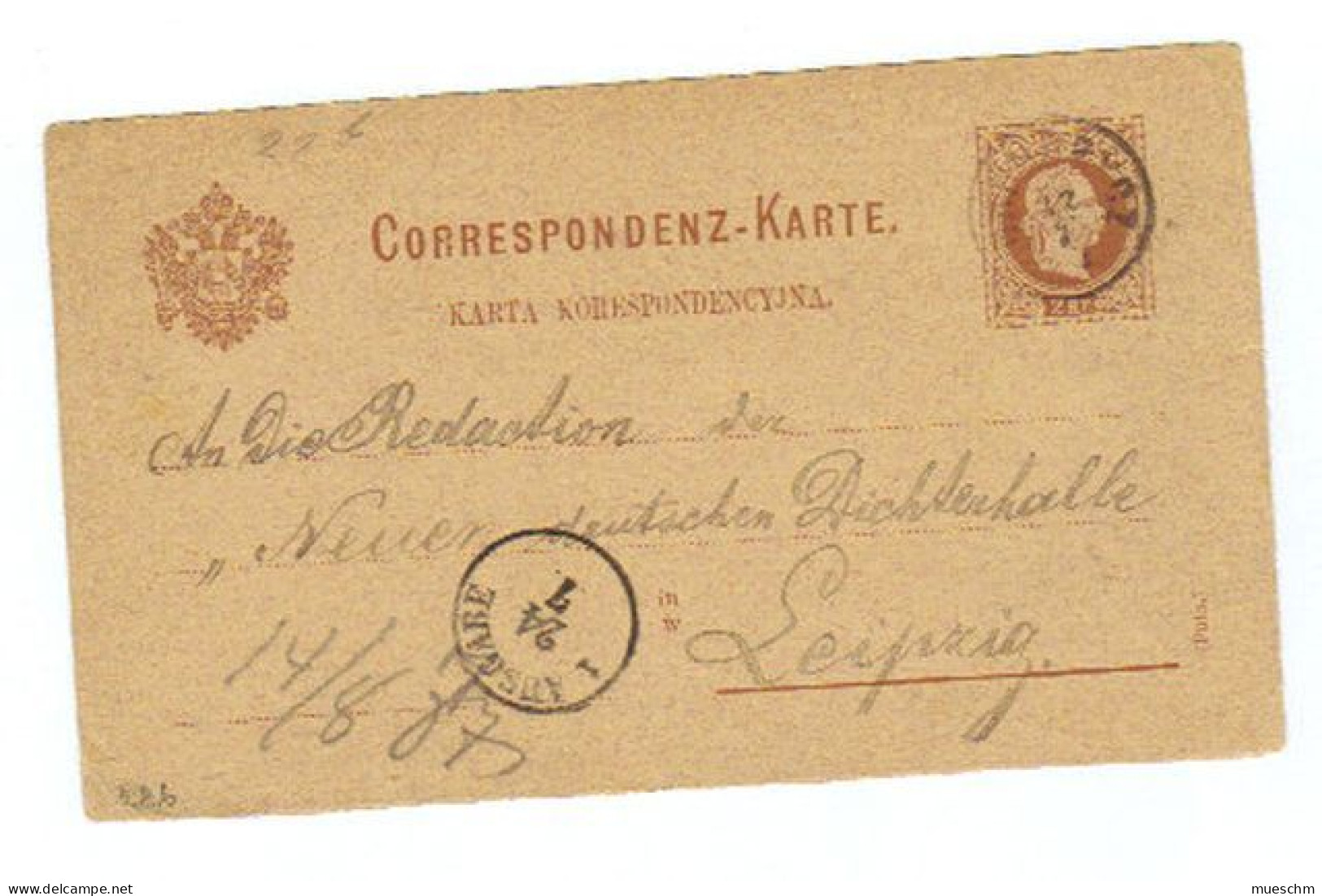 Österreich, 1887, Corresp.karte/Karte Korespondencyna N. Leipzig M.2kr. Frank./K: Franz Josef, Stpl. Drahobycz (12191W) - Postcards