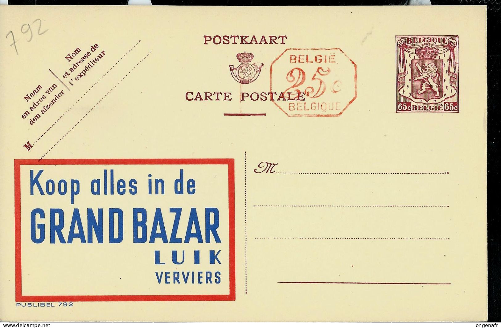 Publibel Neuve N° 792M ( Grand Bazar - Luik - Verviers ) - Werbepostkarten