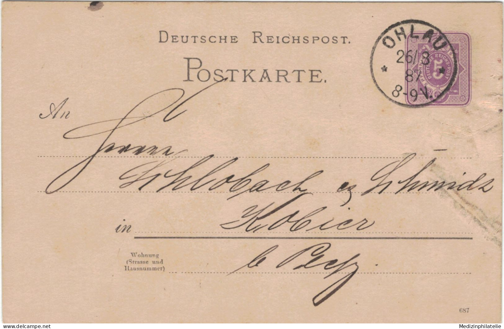 Ganzsache 5 Pfennig - Ohlau 1887 > Schlobach & Schmidt - Bestellung Schusterfarbe & Pech - Cartoline