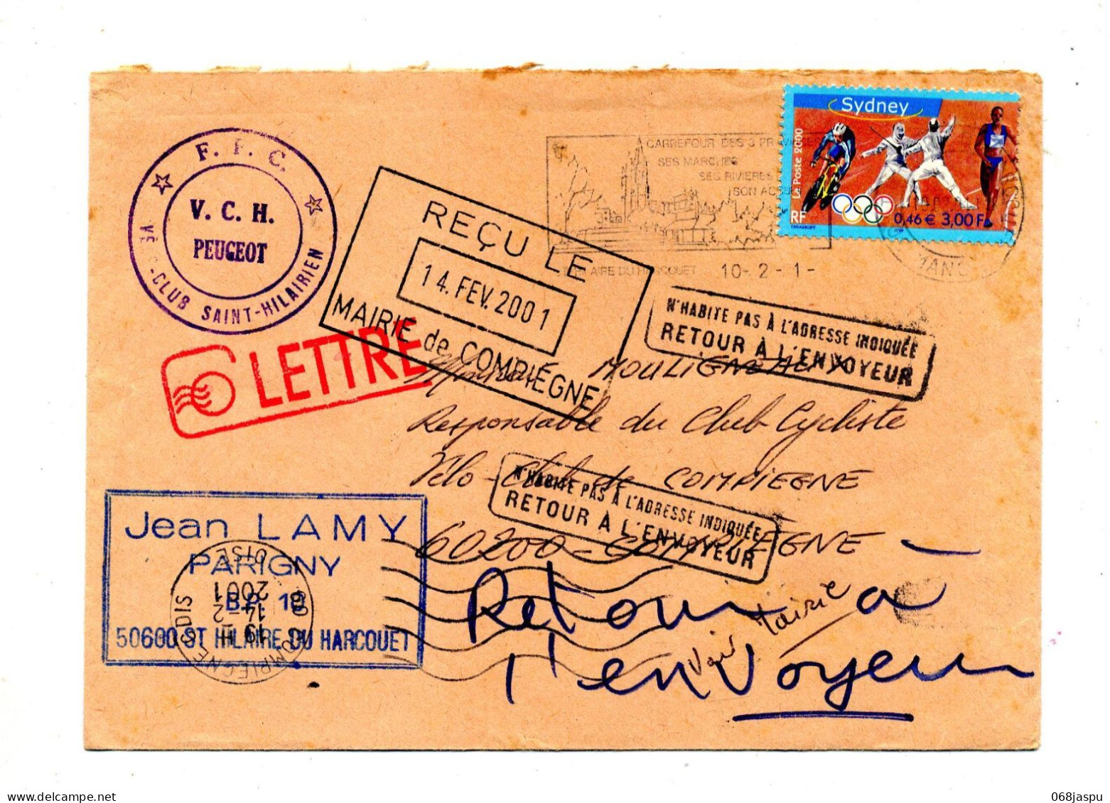 Lettre Flamme Saint Hilaire  Curiosite Date + N'habite Retour Flamme Muette Compiegne  Entete Velo Club - Mechanical Postmarks (Advertisement)