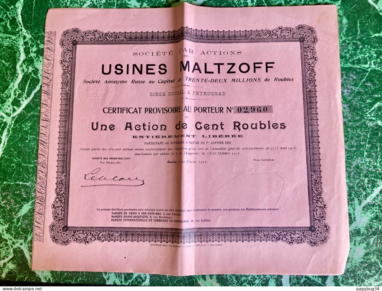 S.A.  Des  USINES  MALTZOFF --------   Certificat  D' Une  Action  De  100 Roubles - Russia