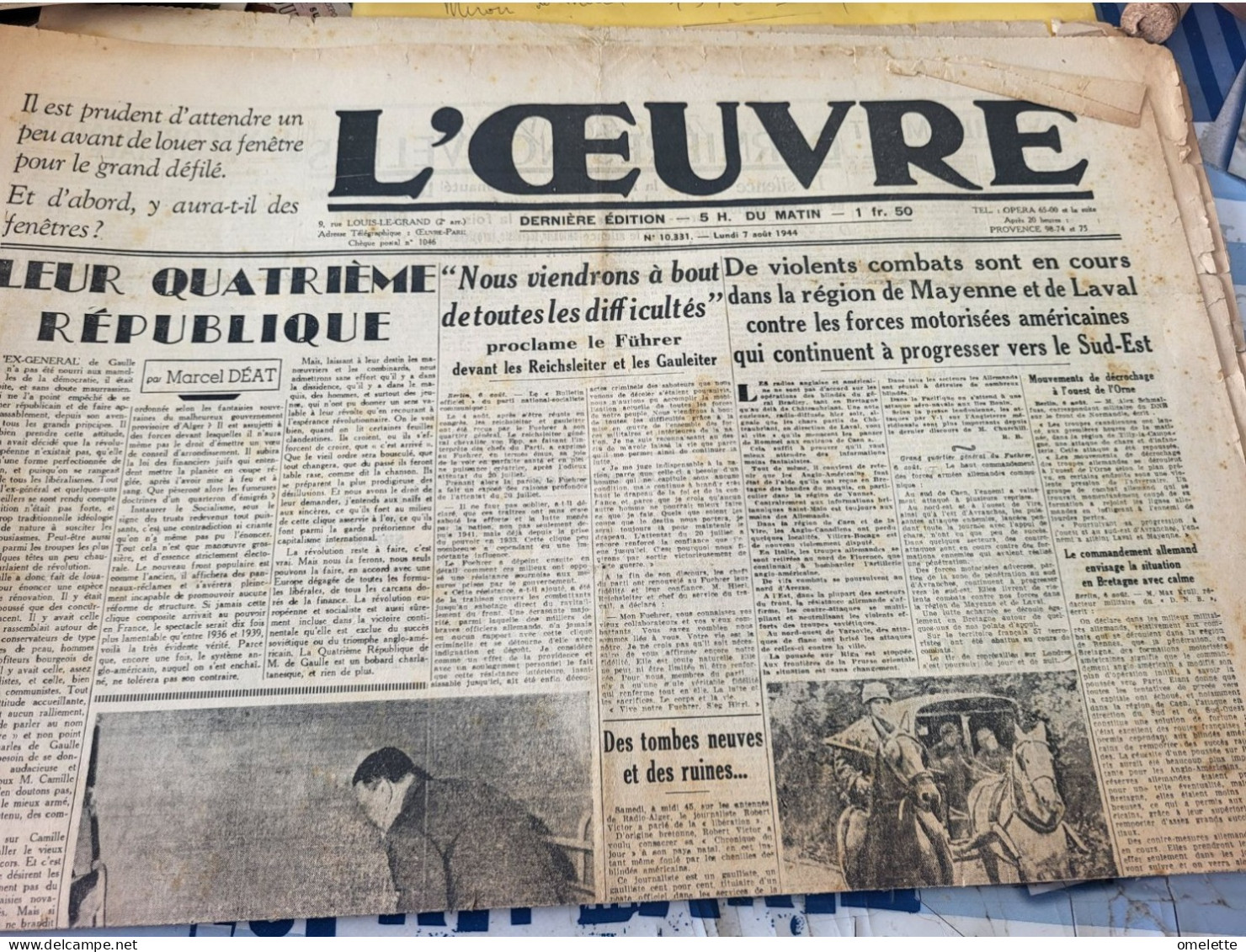 L OEUVRE 44/DEAT REPUBLIQUE/HITLER AU CHEVET/MAYENNE LAVAL /HENRIOT/BERLIOUX PELLETIER NATATION CAFFI CYCLISME - Otros & Sin Clasificación