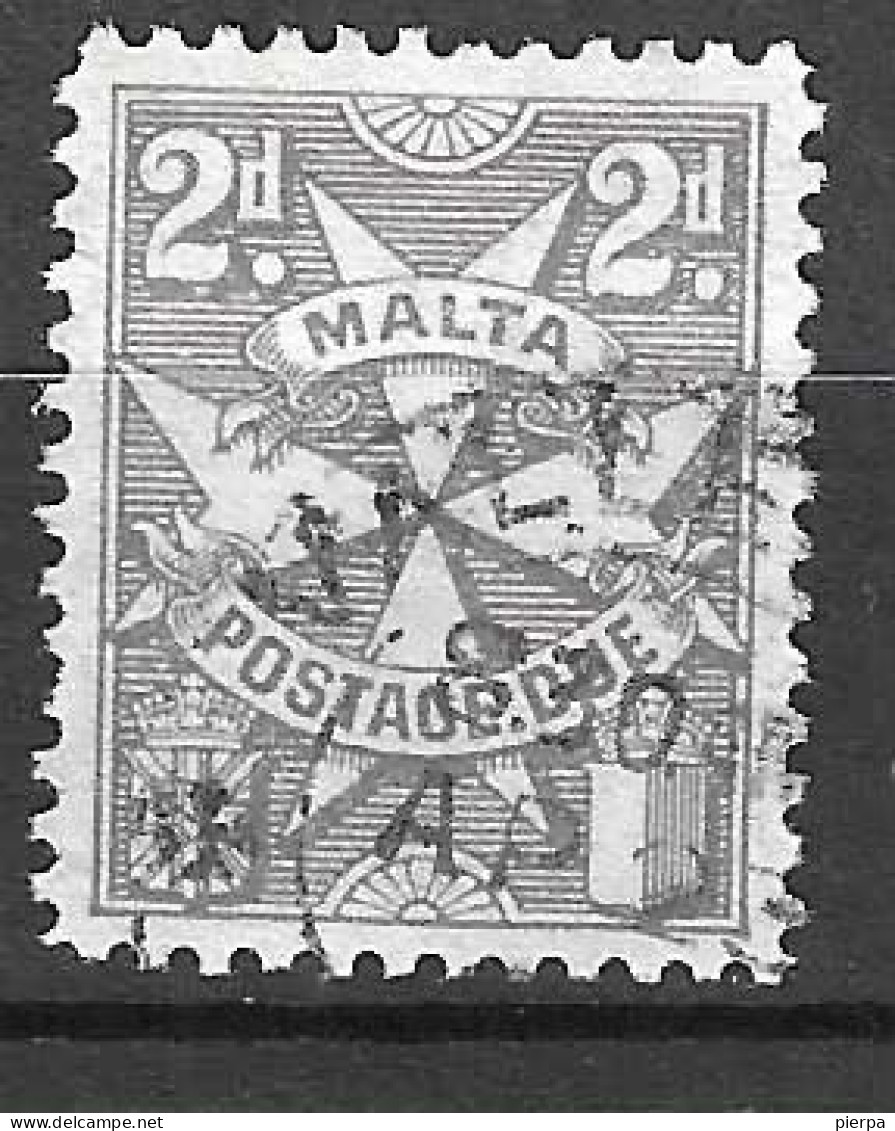 MALTA -1925 - SEGNATASSE - CROCE DI MALTA - 2 P - FIL CA - DENT. 12 - USATO  (YVERT TX 14 - MICHEL PD 14) - Malta