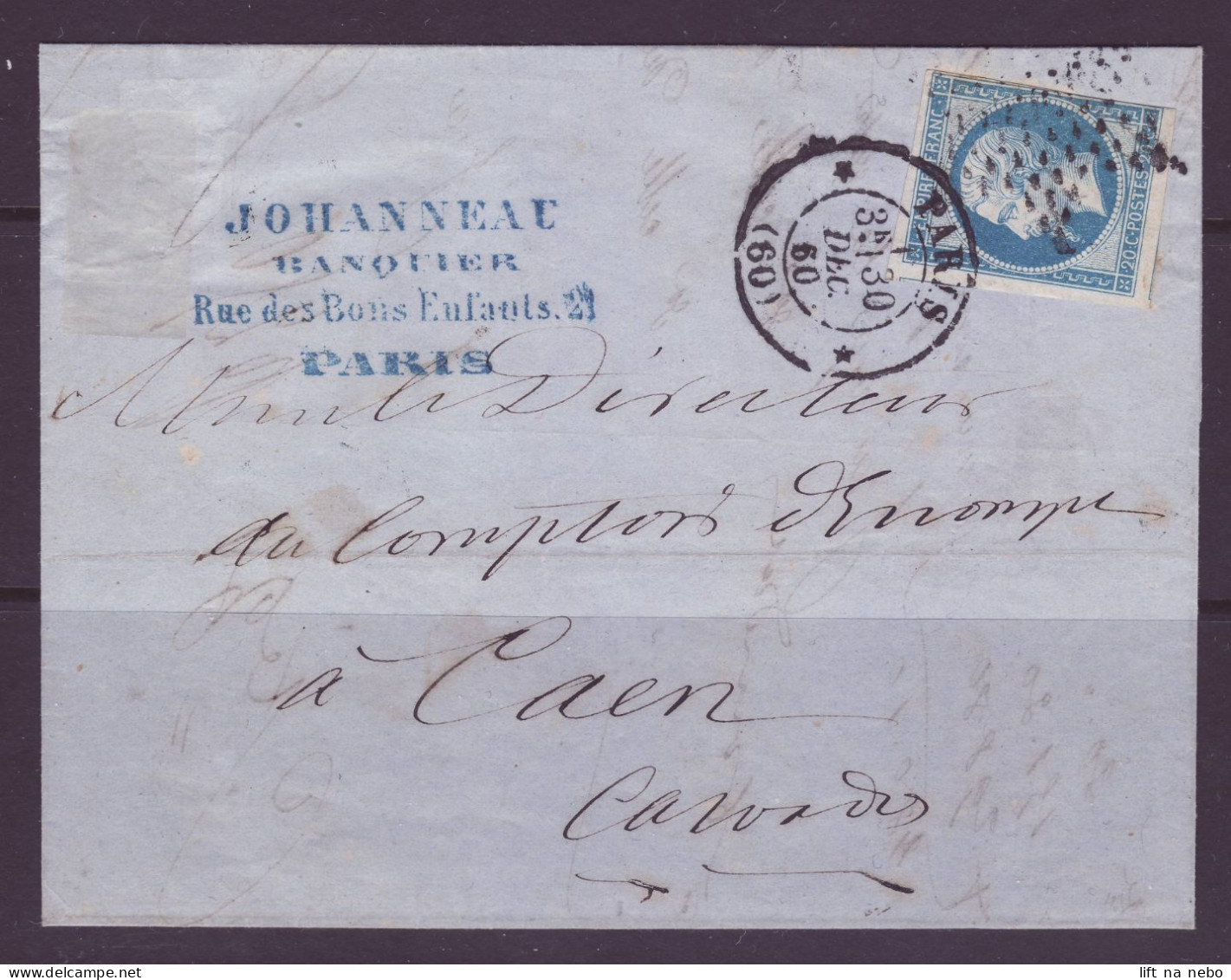FRANCE 1853-1860 Stamp 20c Bleu YT N°14 On The Cover Oblitération Etoile De Paris - 1853-1860 Napoleon III