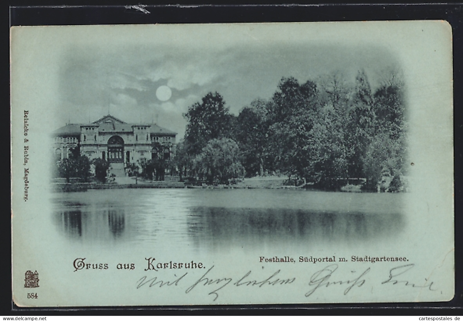 Mondschein-AK Karlsruhe, Festhalle, Südportal Mit Stadtgartensee  - Karlsruhe