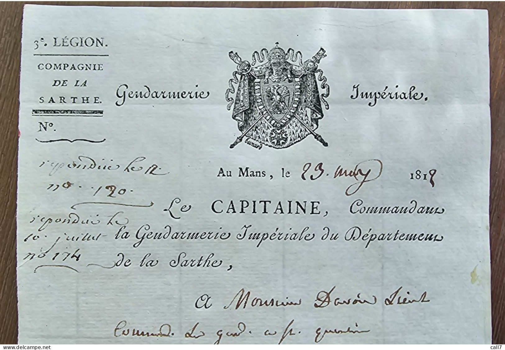 Petite Lettre à En-tête Du Capitaine De La Gendarmerie Impériale De La Sarthe En 1812 - Documents