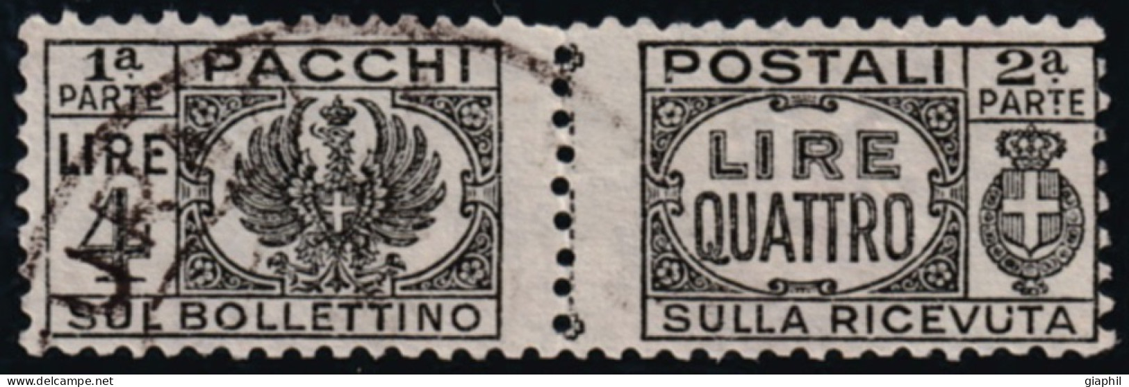 ITALY ITALIA LUOGOTENENZA 1946 PACCHI POSTALI 4 LIRE  (Sass. 63) USATO OFFERTA! - Postpaketten