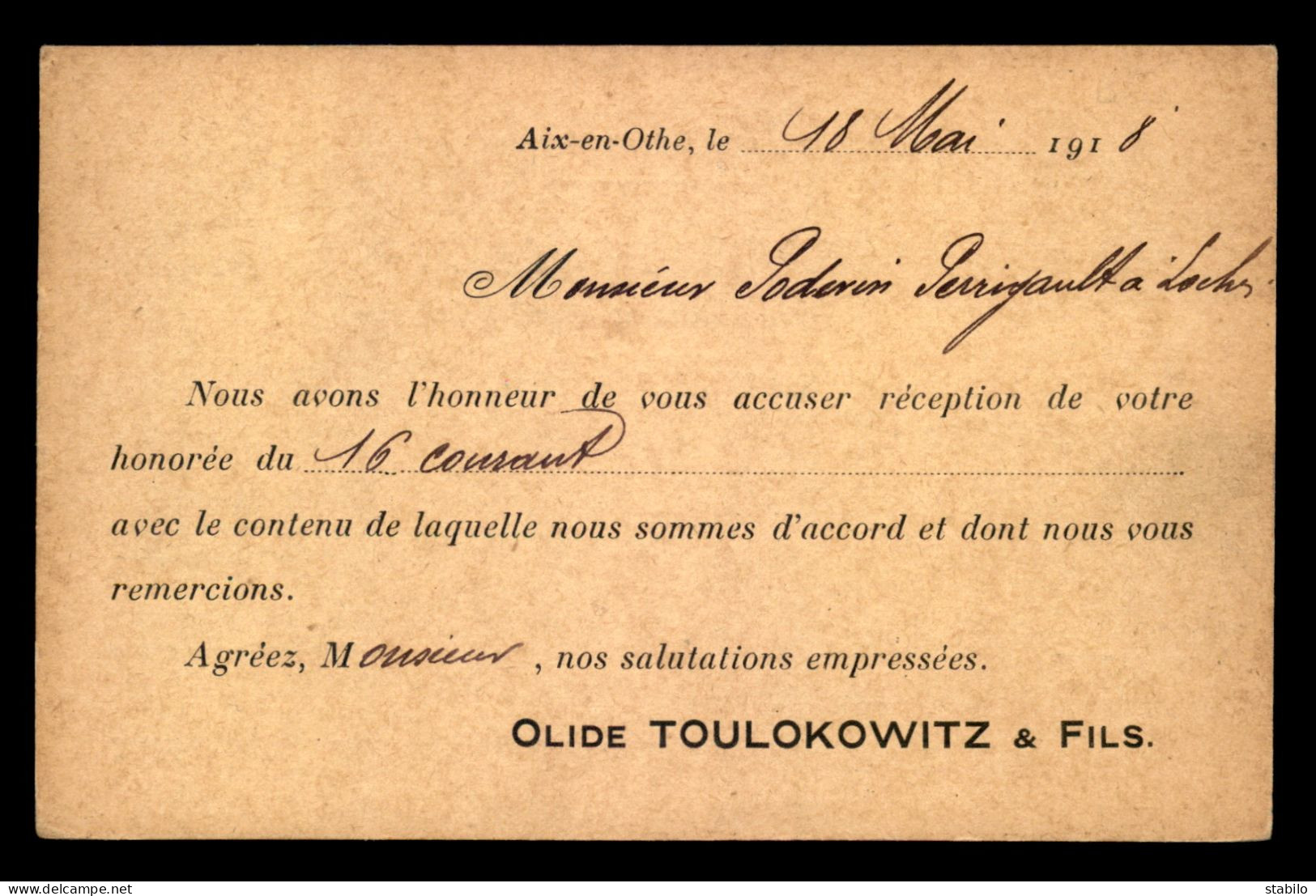 10 - AIX-EN-OTHE - CARTE DE SERVICE DE LA SOCIETE OLIDE TOULOKOWITZ & FILS - 1918 - Sonstige & Ohne Zuordnung