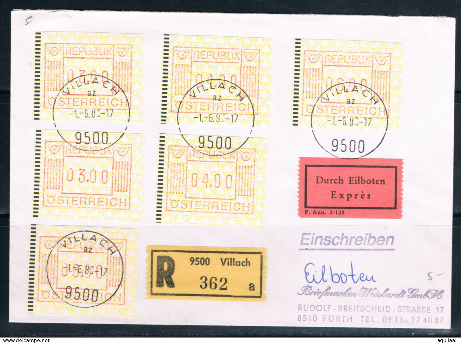 Austria, 1983 EMA , Lettera Raccomandata Fdc Da Villach A Furth Con 6 Valori Macchinette. - Macchine Per Obliterare (EMA)