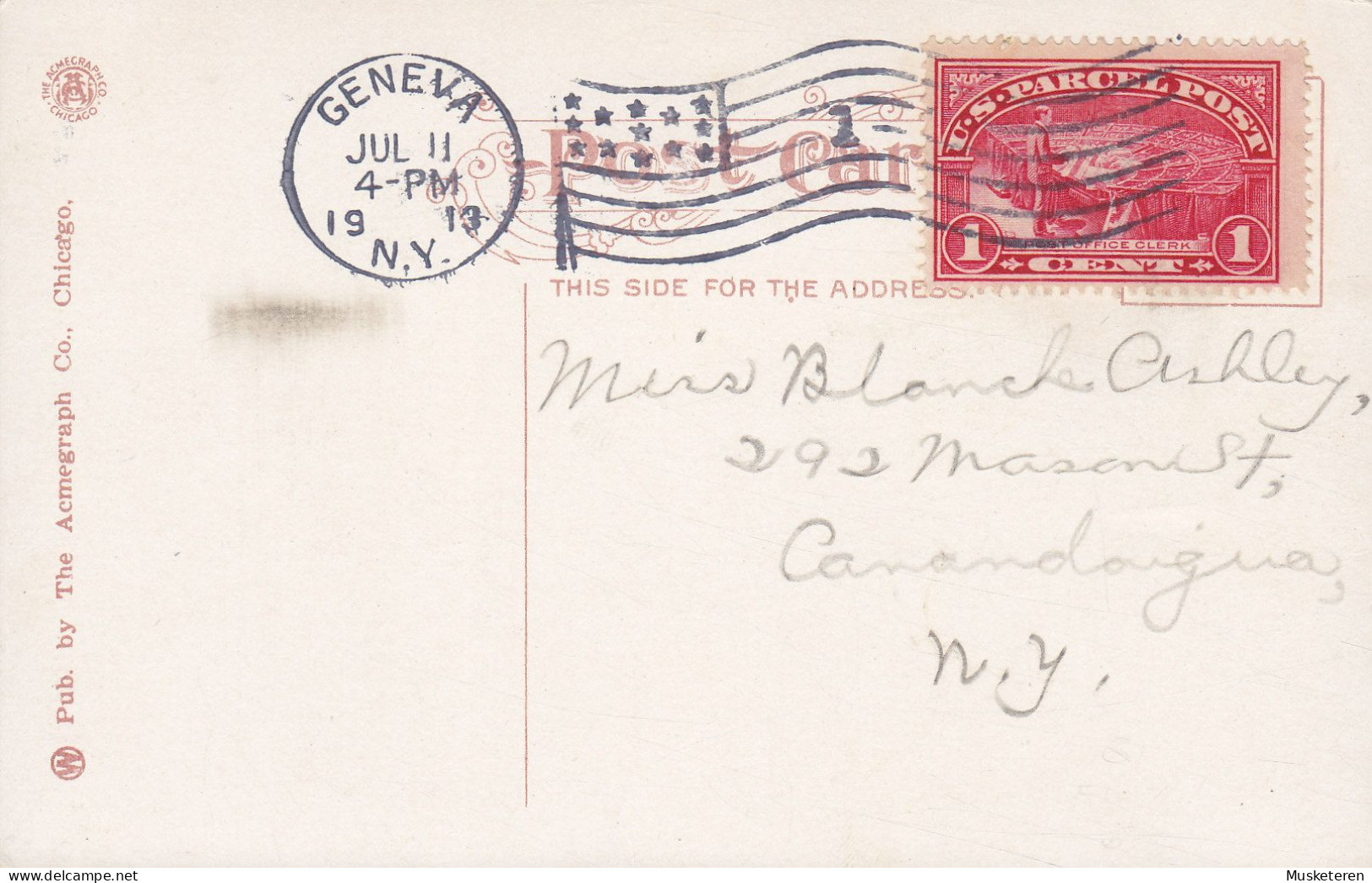 United States PPC 7552. White Springs Farm, Geneva. N.Y. Flamme 'Flag' GENEVA 1913 US Parcel Post Stamp Mi. 1 !!!! - Covers & Documents