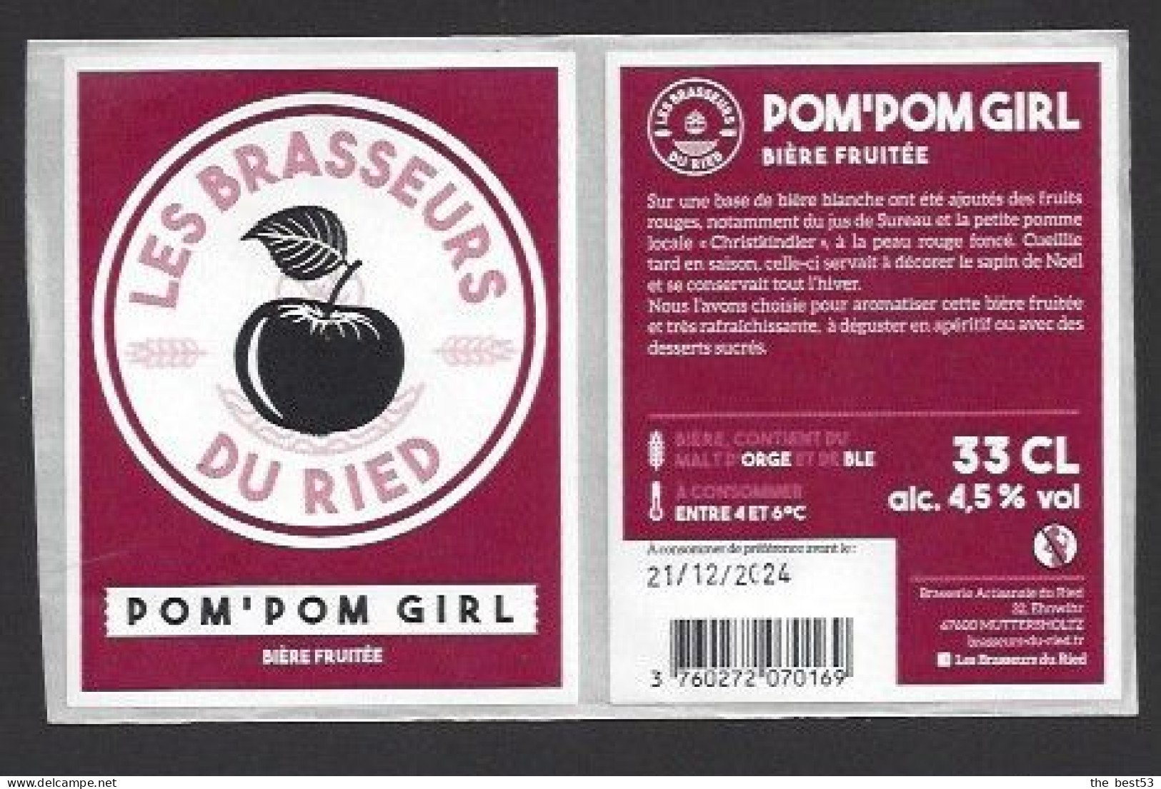 Etiquette De Bière  Blanche Fruitée  -  Pom'Pom Girl  -  Brasserie  Ried  à  Muttersholtz   (67) - Bier