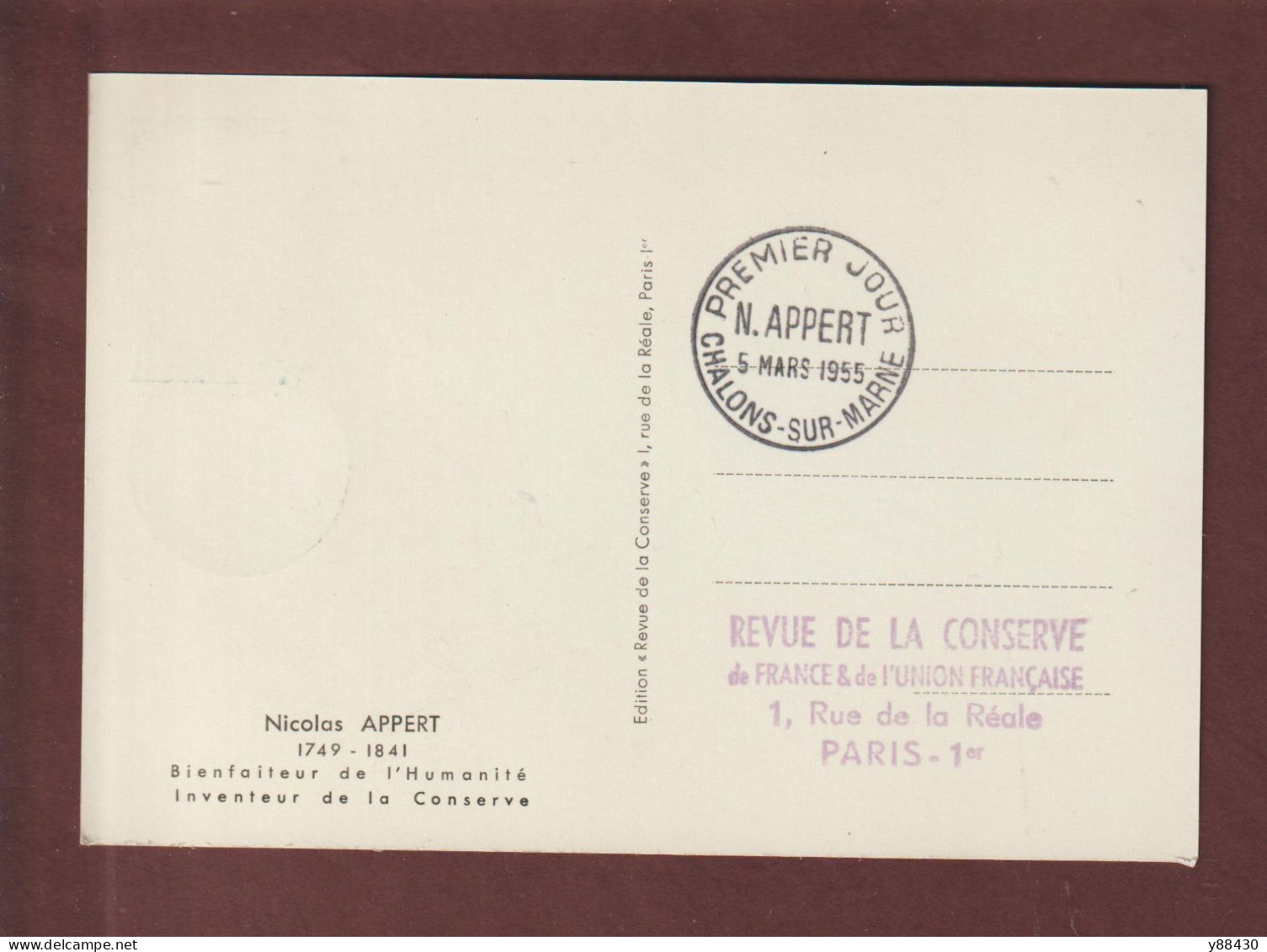 1014 De 1955 - Carte 1er Jour à CHALONS SUR MARNE Le 05/03/1955 - Nicolas APPERT - Inventeur De La Conserve - 2 Scan - 1950-1959