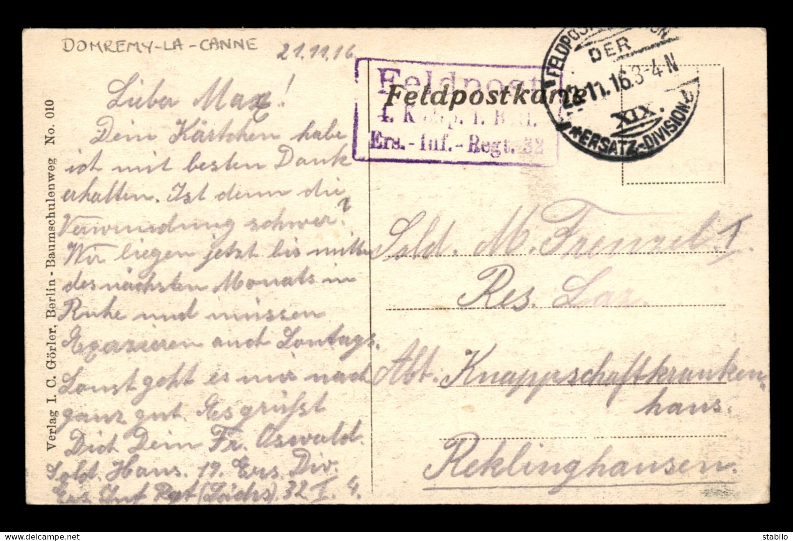 55 - DOMREMY-LA-CANNE - FELDPOSTKARTE - GUERRE 14/18 - Other & Unclassified