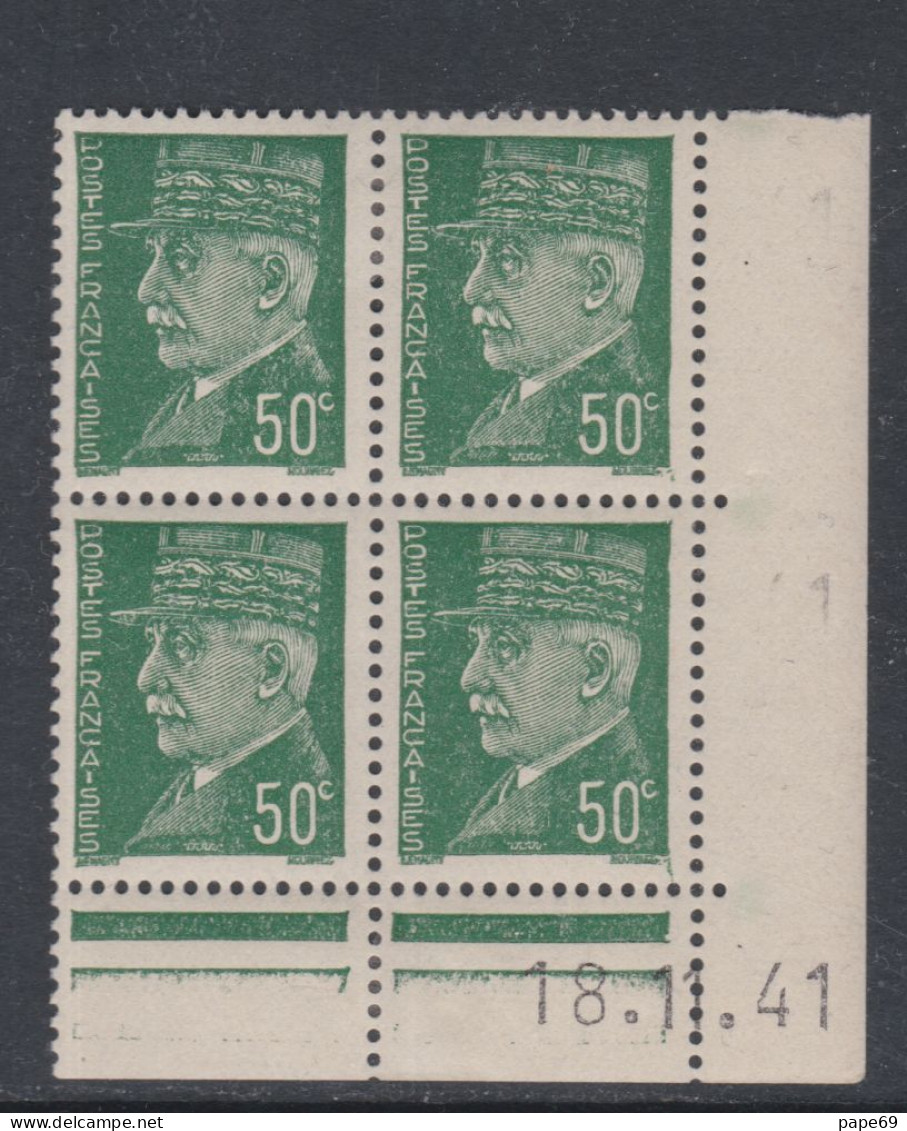 France N° 508 (.) : Type Maréchal  Pétain : 50 C. Vert En Bloc De 4 Coin Daté Du 18 . 11. 41 ; Neuf Sans Gomme; TB - 1940-1949