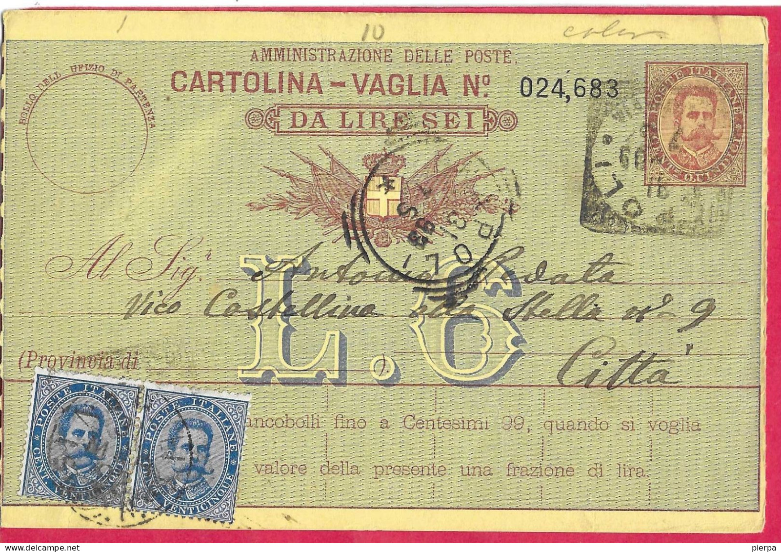 INTERO CARTOLINA-VAGLIA UMBERTO C.15 DA LIRE 6 (+25(COPPIA)(CAT. INT. 10) -VIAGGIATA DA NAPOLI*31.3.93* PER CITTA' - Entero Postal