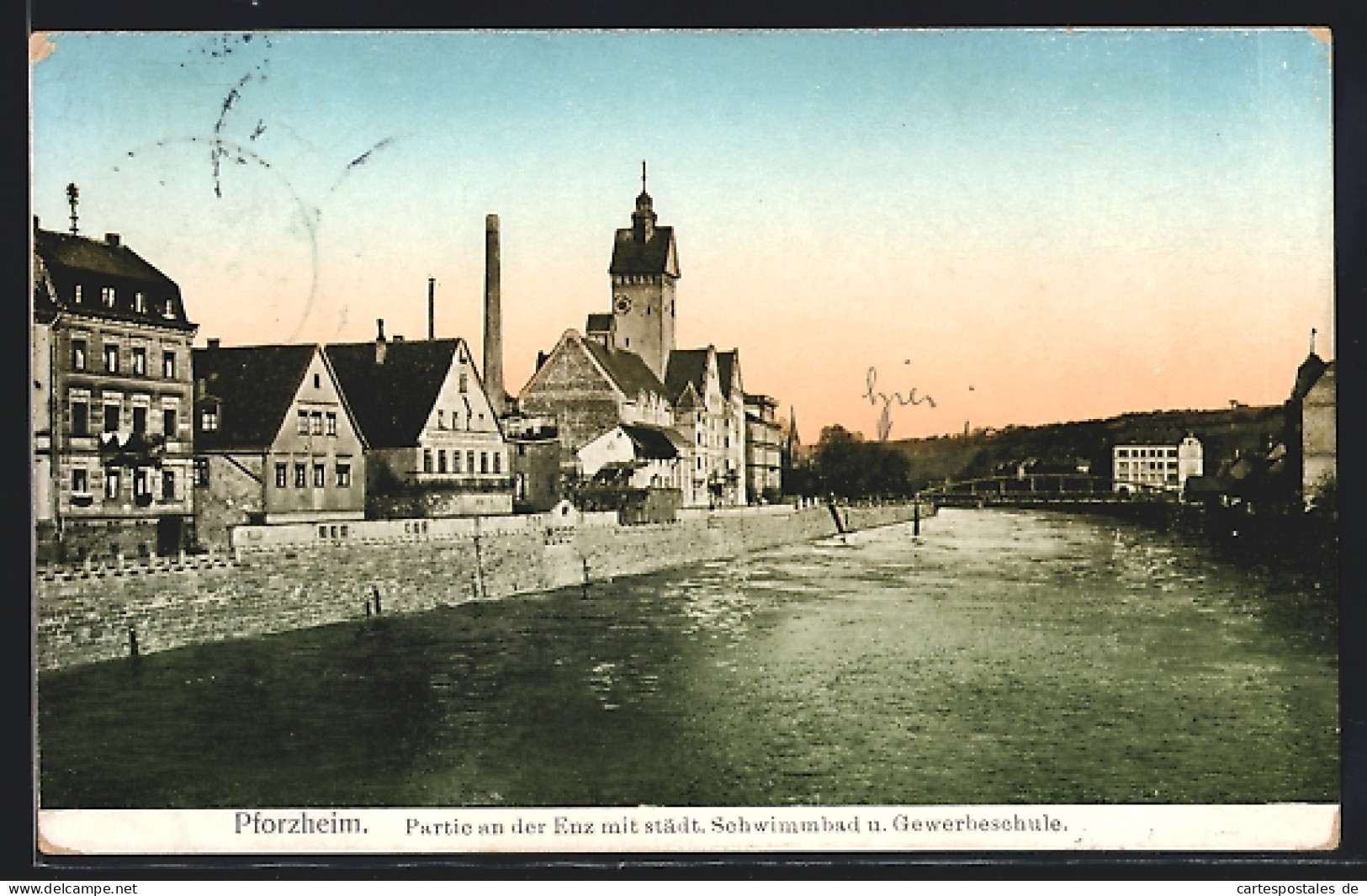 AK Pforzheim, Enzpartie Mit Schwimmbad U. Gewerbeschule  - Pforzheim