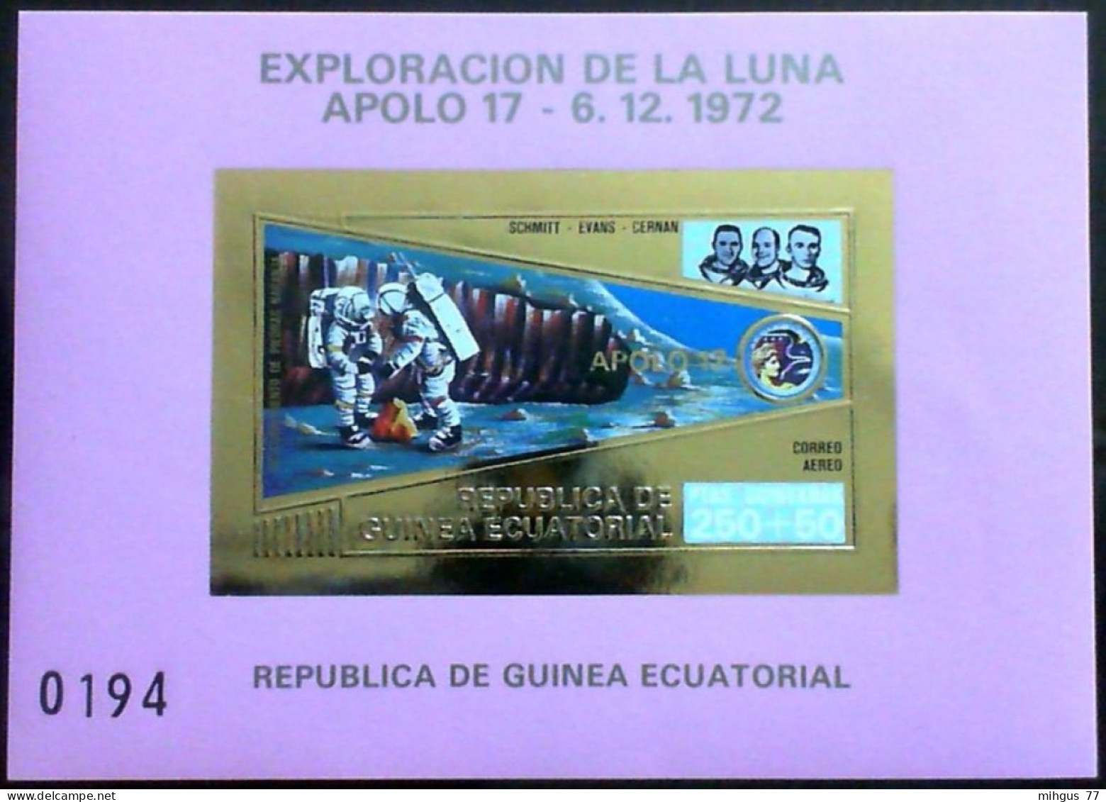 EQUATORIAL GUINEA , 1973.-  Apollo 17. Imperforate Of Souvenir Sheet 4500 GUP 1 B With Modified Colors - Afrika