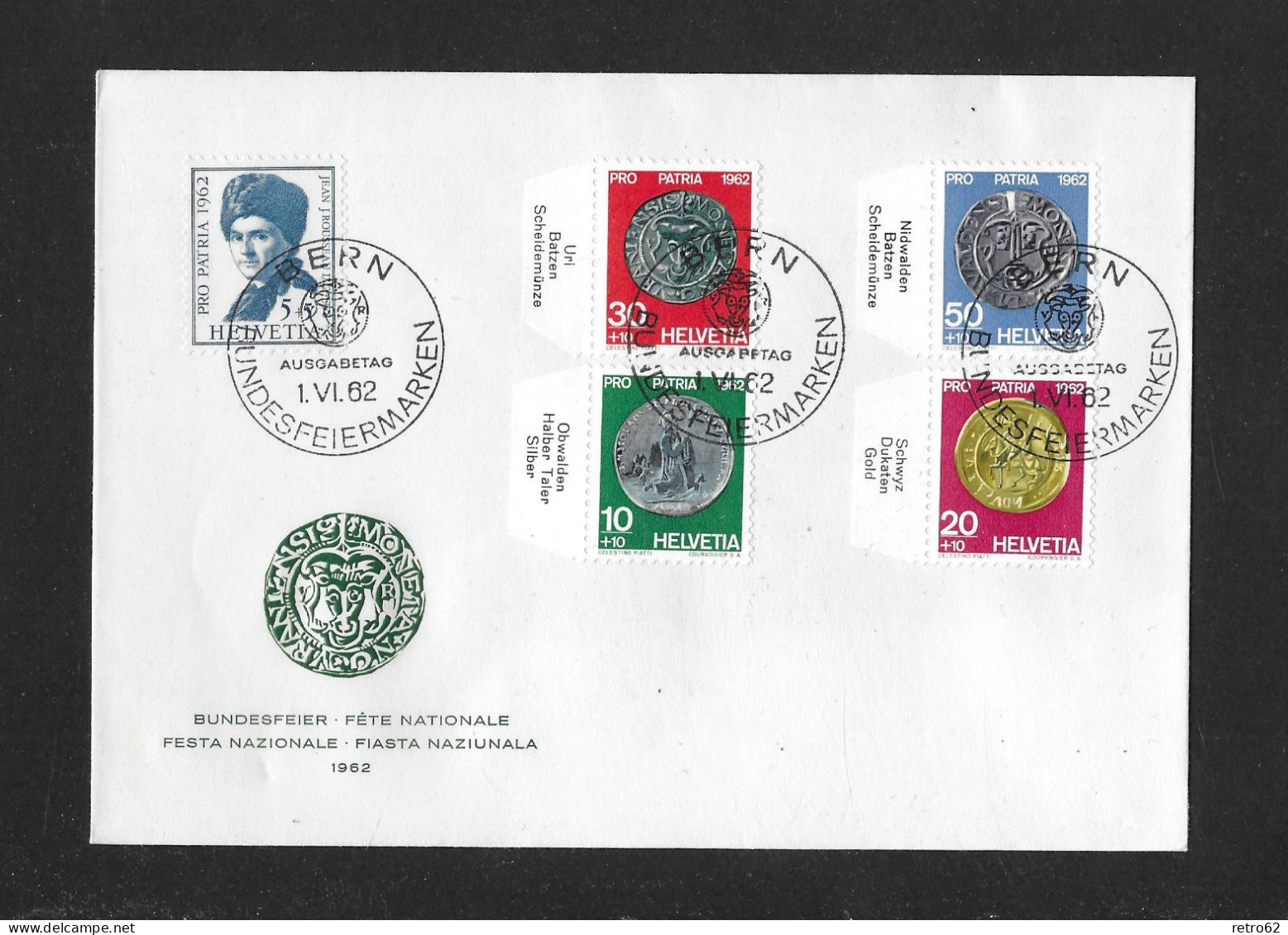 1962 JEAN-JACQUES RUSSEAU, ALTE SCHWEIZER MÜNZEN ► FDC Satzbrief Mit Tabs - Storia Postale