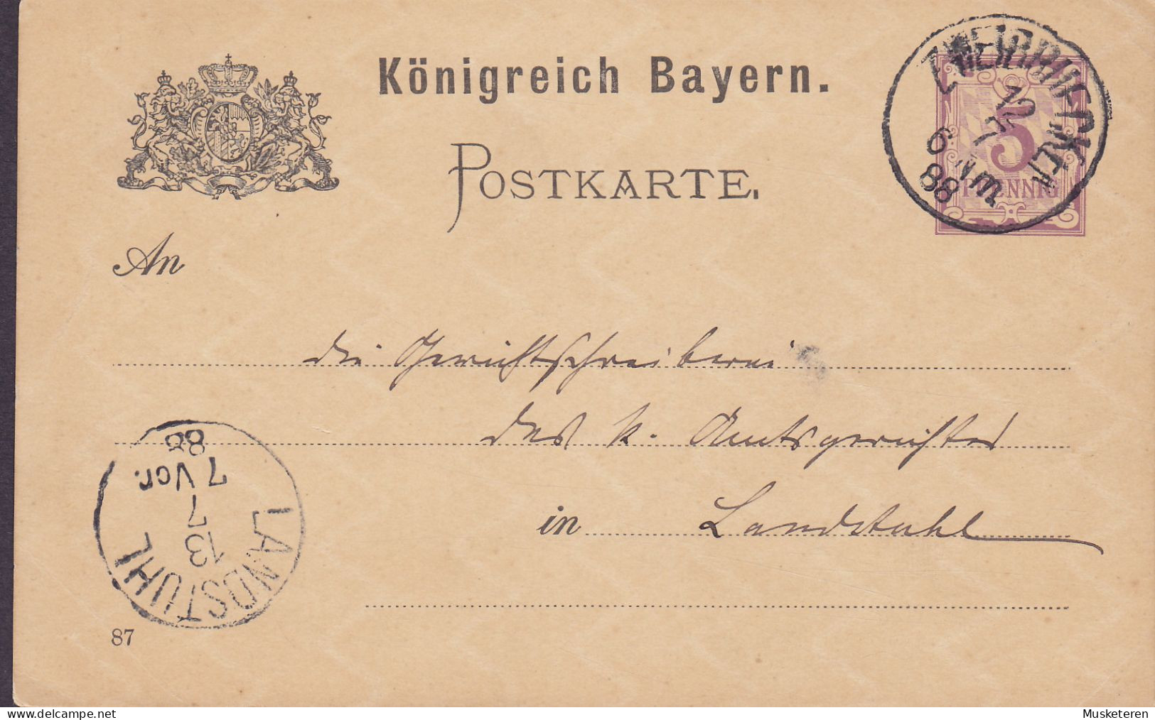 Bayern Postal Stationery Ganzsache Entier (87) ZWEIBRÜCKEN 1888 LANDSTUHL (Arr.) (2 Scans) - Enteros Postales