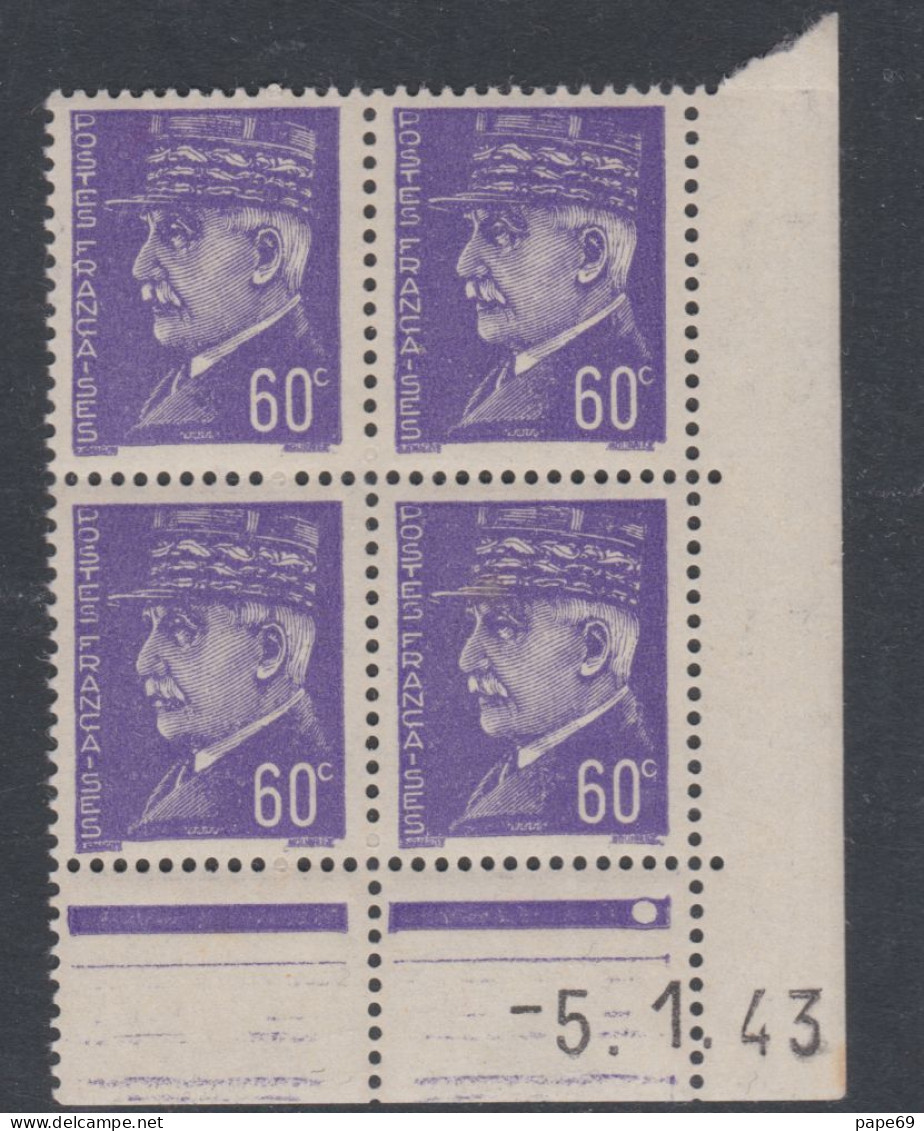 France N° 509 XX : Type Maréchal  Pétain : 60 C. Violet En Bloc De 4 Coin Daté Du 5 . 1 . 43 ;  Ss Ch. Rousseur, TB - 1940-1949