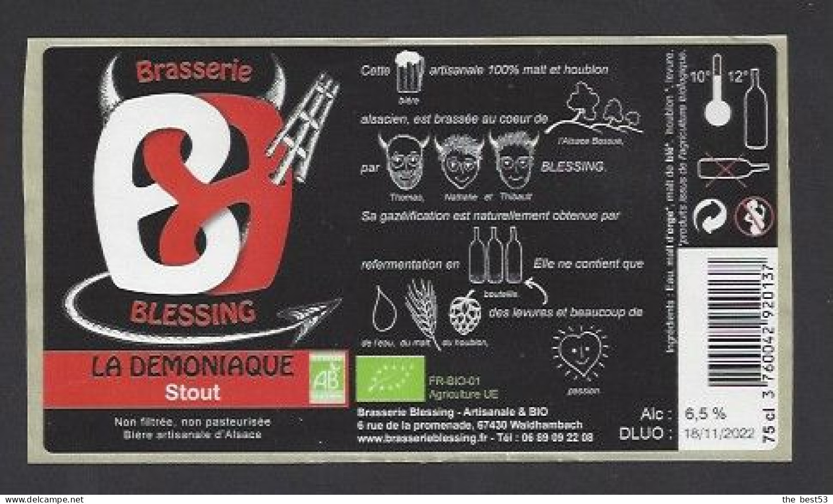 Etiquette De Bière Stout  -  La Démoniaque   -  Brasserie  Blessing  à  Waldhambach  (67) - Beer