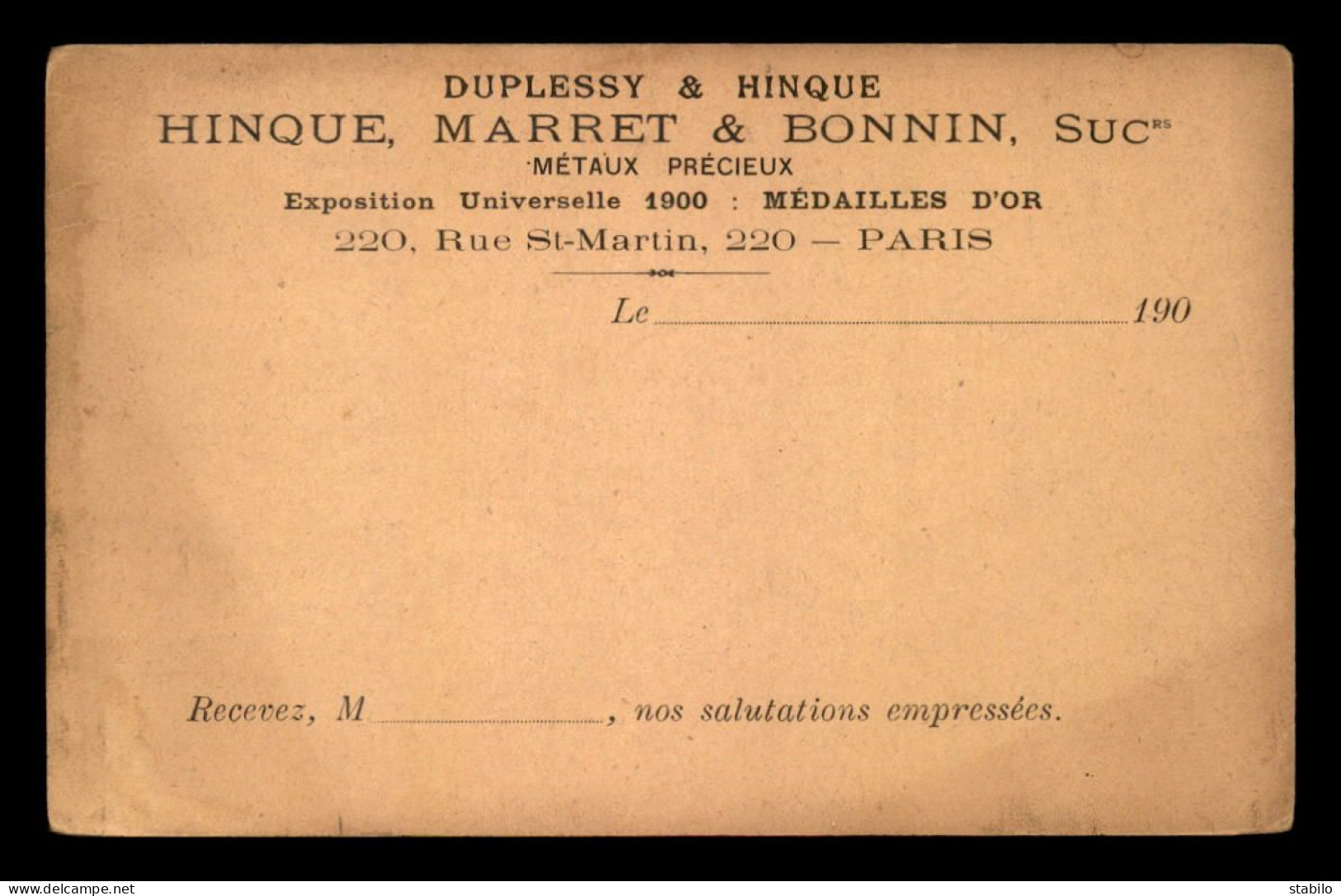 75 - PARIS 3EME - CARTE DE SERVICE DES DUPLESSY & HINQUE, METAUX PRECIEUX, 220 RUE ST-MARTIN - Distrito: 03