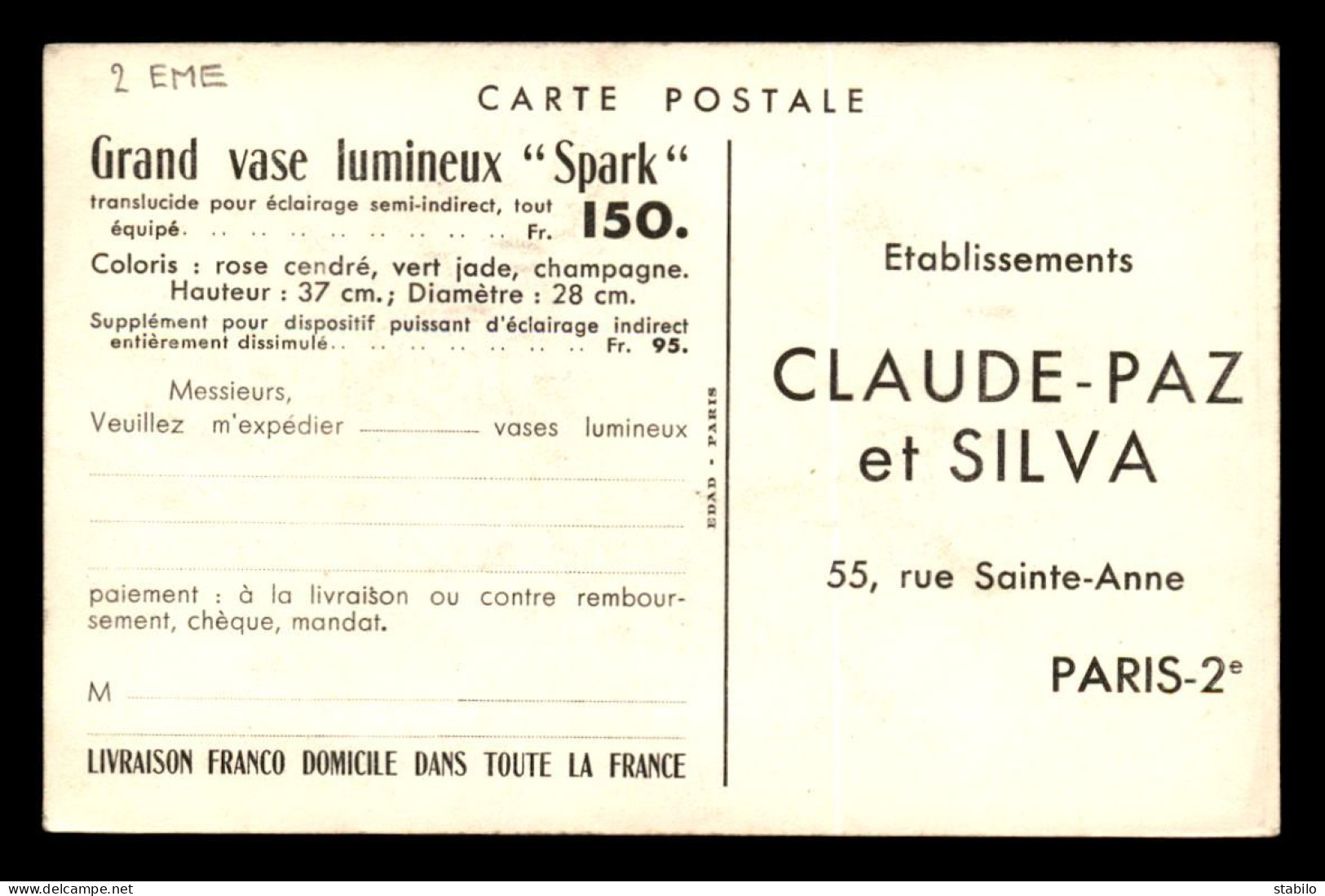 75 - PARIS 2EME - CARTE DE SERVICE DES ETS CLAUDE-PAZ ET SILVA, 55 RUE STE-ANNE - VASE LUMINEUX SPARK - ART DECO - Distrito: 02