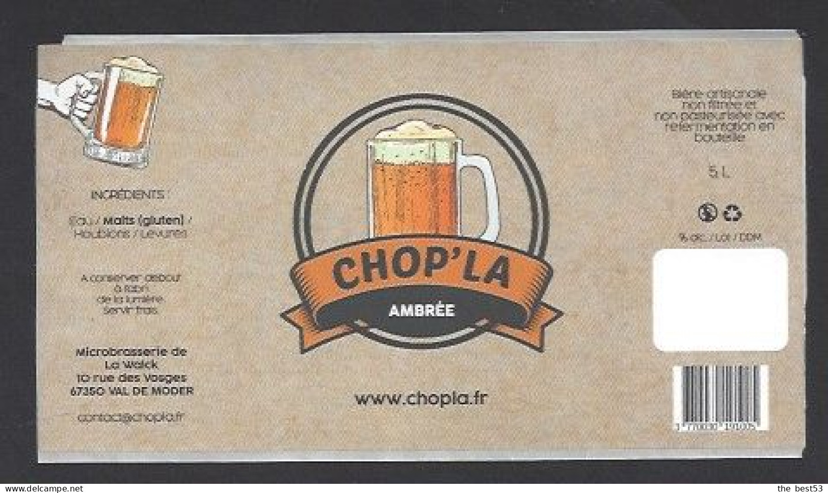 Etiquette De Bière Ambrée -  Chop'la   -  Brasserie  De La Walck  à  Val De Moder  (67) - Cerveza