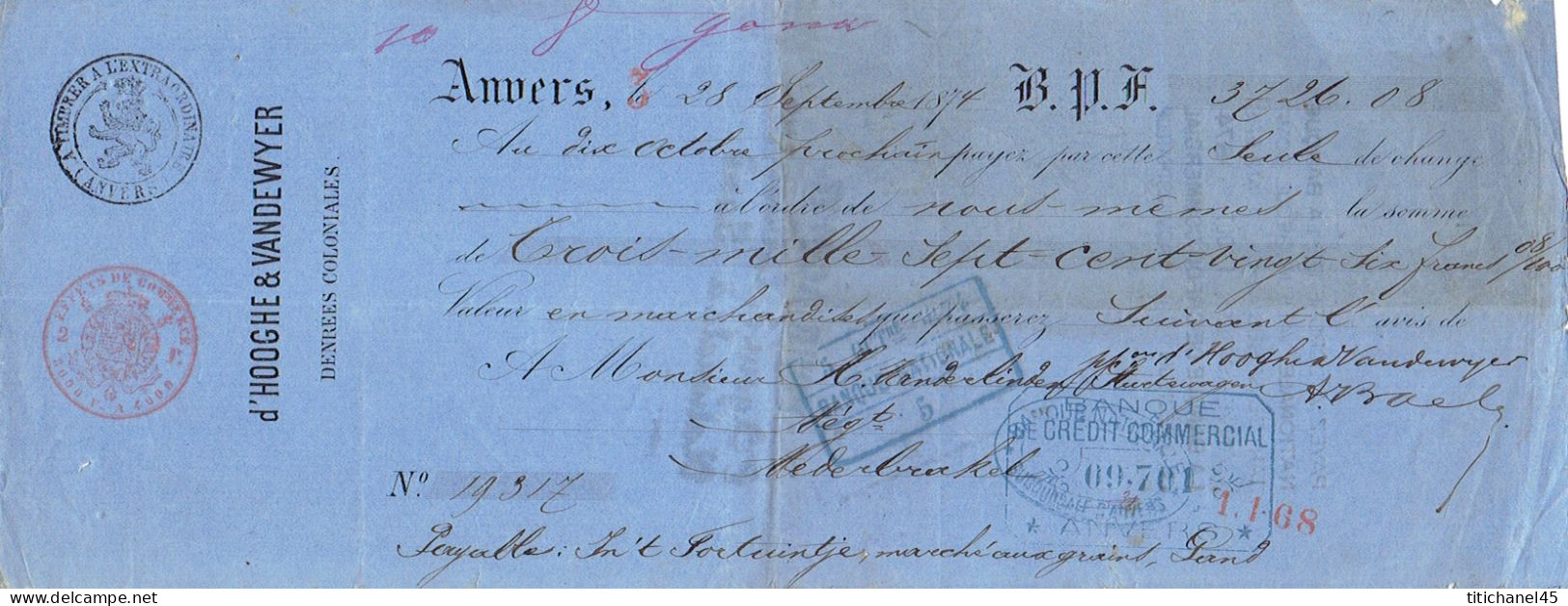 ANTWERPEN 1874 - Lettre De Change à L'ordre De D'HOOGHE & VANDEWYER De H. VANDERLINDEN-STURTEWAGEN à NEDERBRAKEL - 1800 – 1899