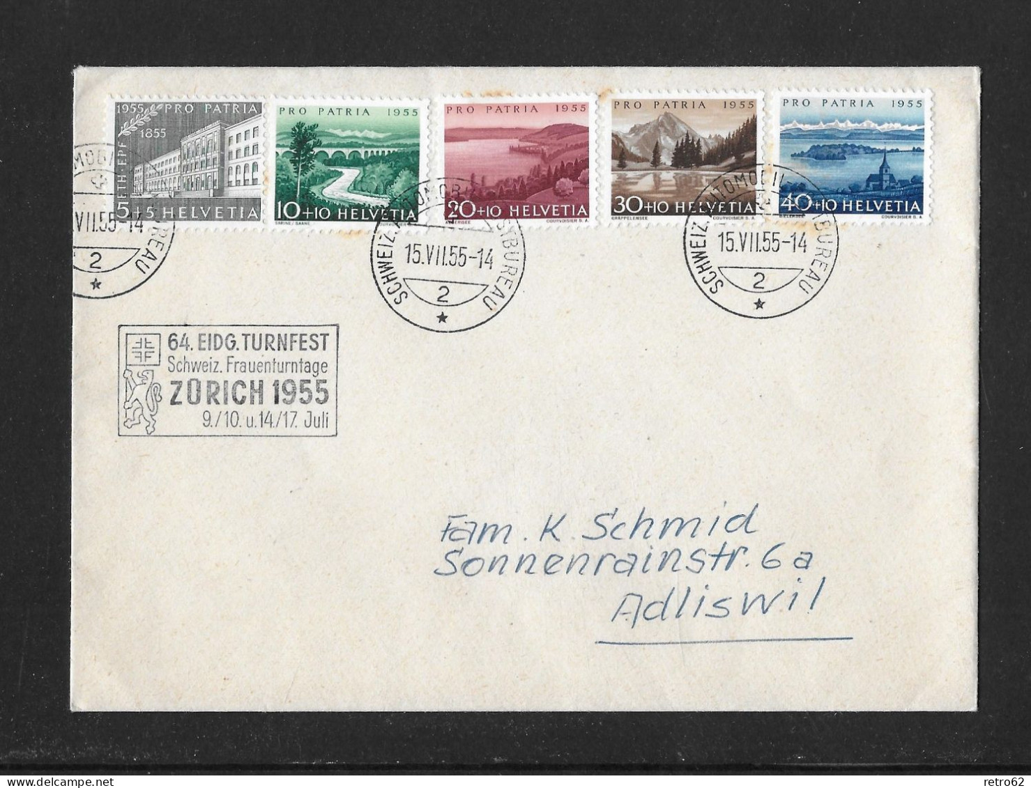 1955 ETH ZÜRICH, SEEN UND WASSERLÄUFE  ►dekorativer Satzbrief Mit Kasten-Stempel "64. Eidg.Turnfest Zürich" - Briefe U. Dokumente