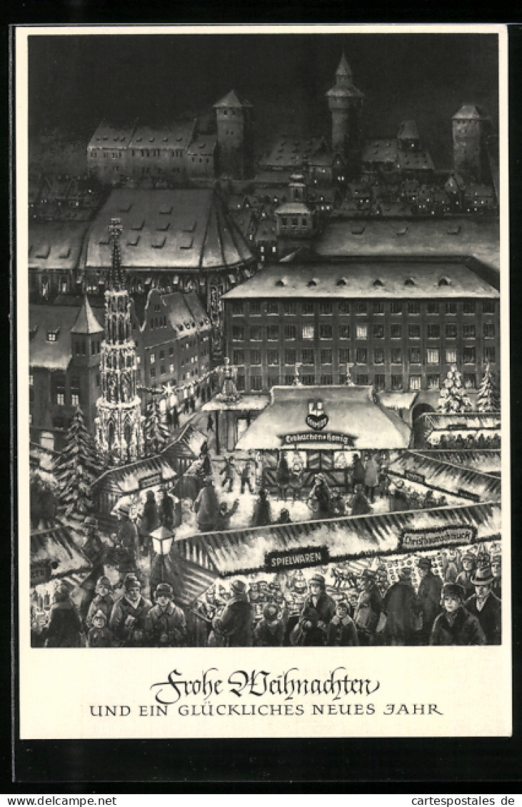 Künstler-AK Nürnberg, Christkindlesmarkt 1965, Burg, Schöner Brunnen Und Schmidt`s Honig- Und Lebkuchenhaus  - Nürnberg