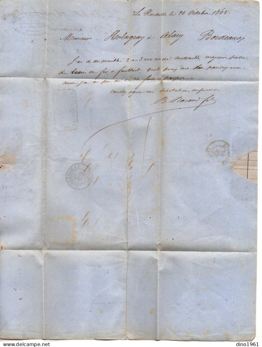 VP23.117 - 1865 - Lettre - Bois, Fer & Charbon De Terre B. RACAUD à LA ROCHELLE Pour M. HOLAGRAY & ALARY à BORDEAUX - 1800 – 1899