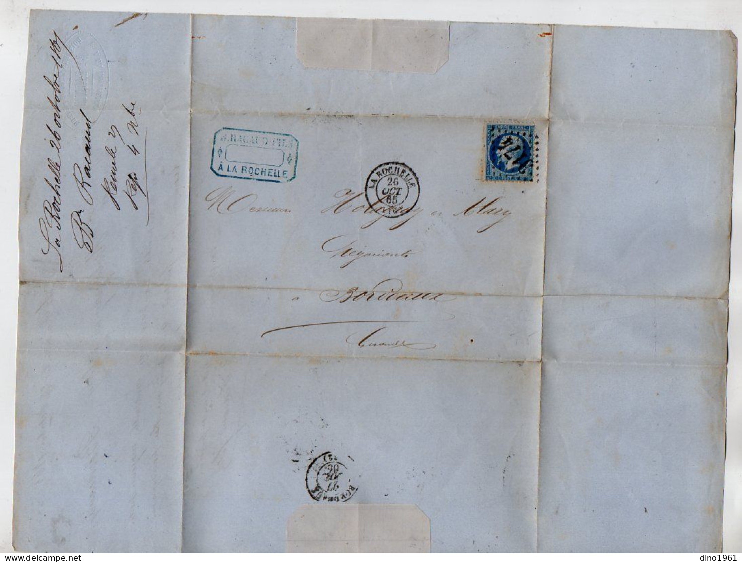 VP23.117 - 1865 - Lettre - Bois, Fer & Charbon De Terre B. RACAUD à LA ROCHELLE Pour M. HOLAGRAY & ALARY à BORDEAUX - 1800 – 1899