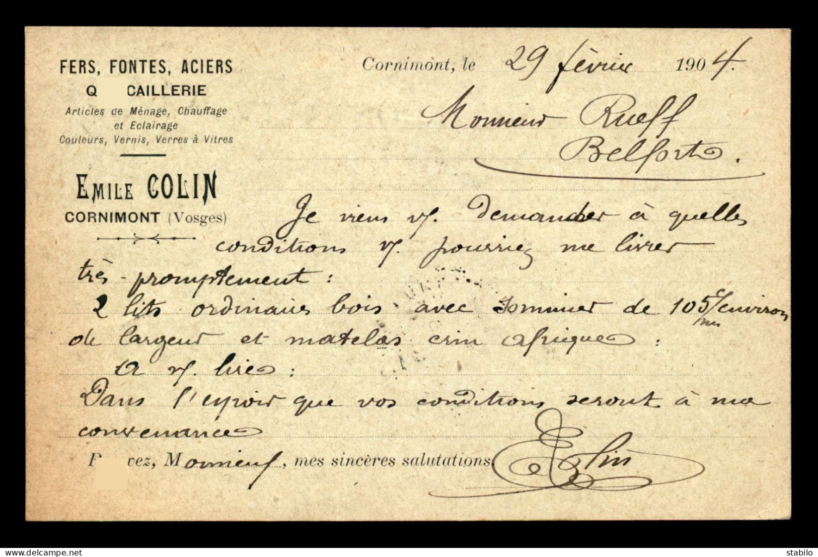 88 - CORNIMONT - CARTE DE SERVICE - EMILE COLIN, QUINCAILLERIE - FEVRIER 1904 - Cornimont