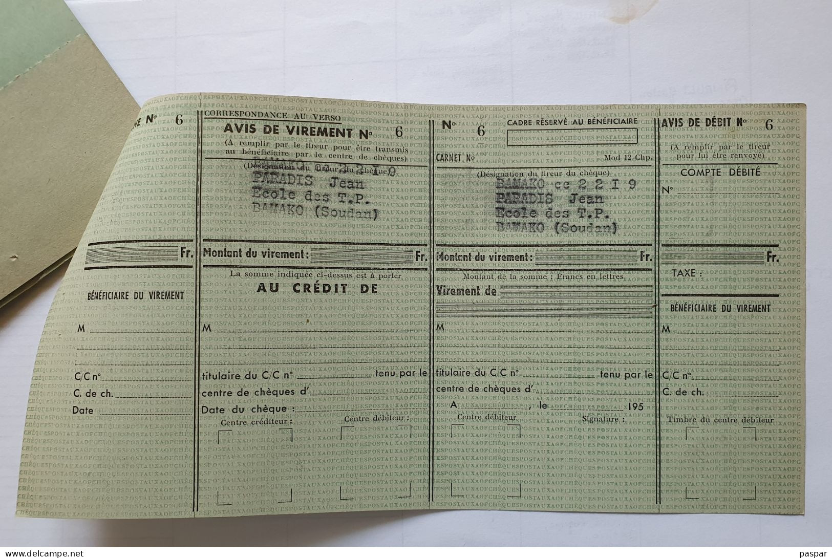 Chéquier De Virement Postes Et Télécommunications De L'AOF - Chèques Postaux 1960 N° 12 Chp Bamako Soudan - Cheques & Traverler's Cheques