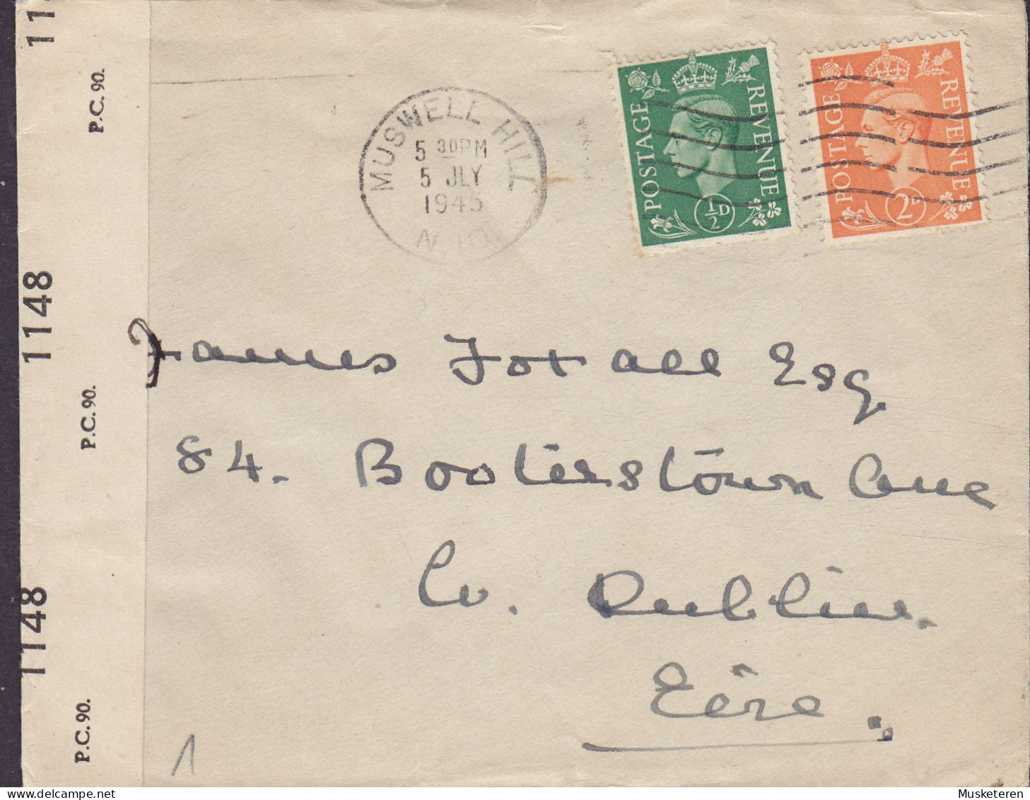 Great Britain MUSWELL HILL North London 1945 'Petite' Cover Brief DUBLIN Eire 'P.C.90' Label OPENED BY EXAMINER Censor - Lettres & Documents