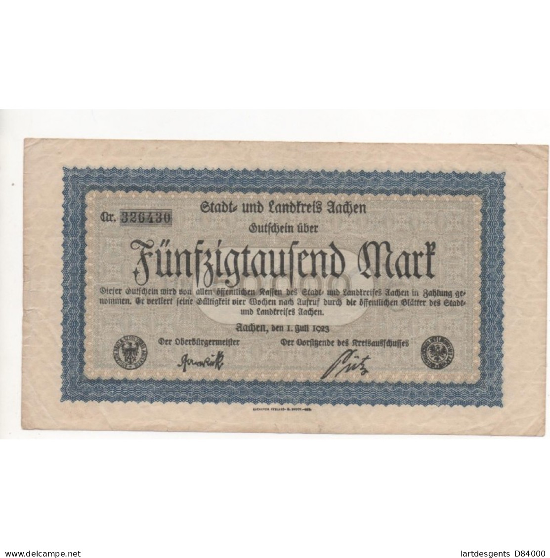 NOTGELD - AACHEN - 50.000 Mark - 1923 (A011) - [11] Emissions Locales