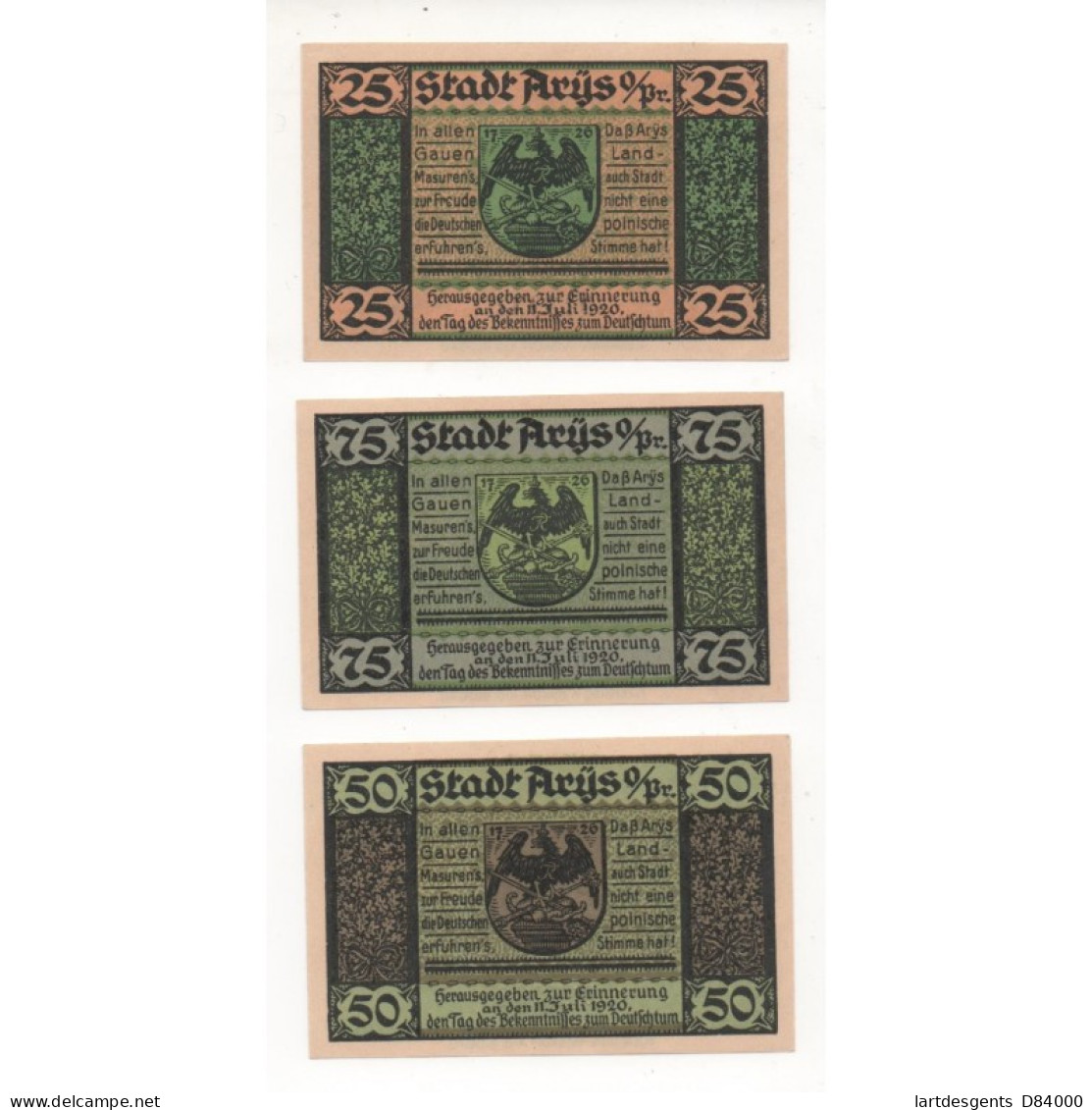 NOTGELD - ARYS - 3 Different Notes - 25 & 50 & 75 Pfennig - 1920 (A066) - [11] Local Banknote Issues