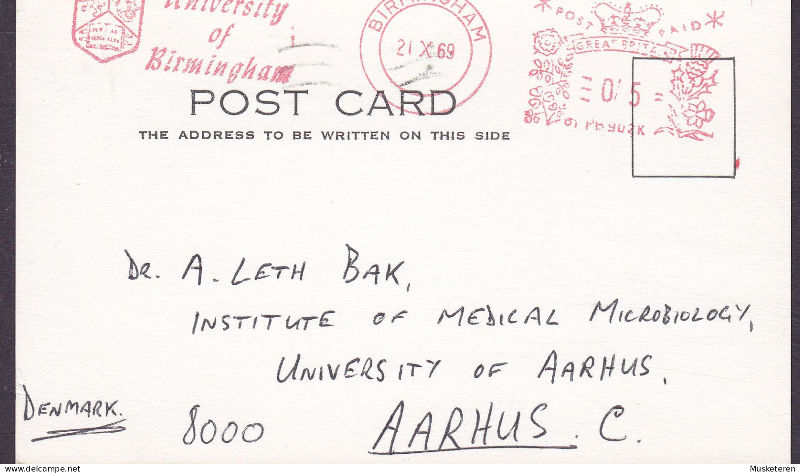 Great Britain UNIVERSITY OF BIRMINGHAM 1969 Meter Card AARHUS University Denmark (2 Scans) - Maschinenstempel (EMA)