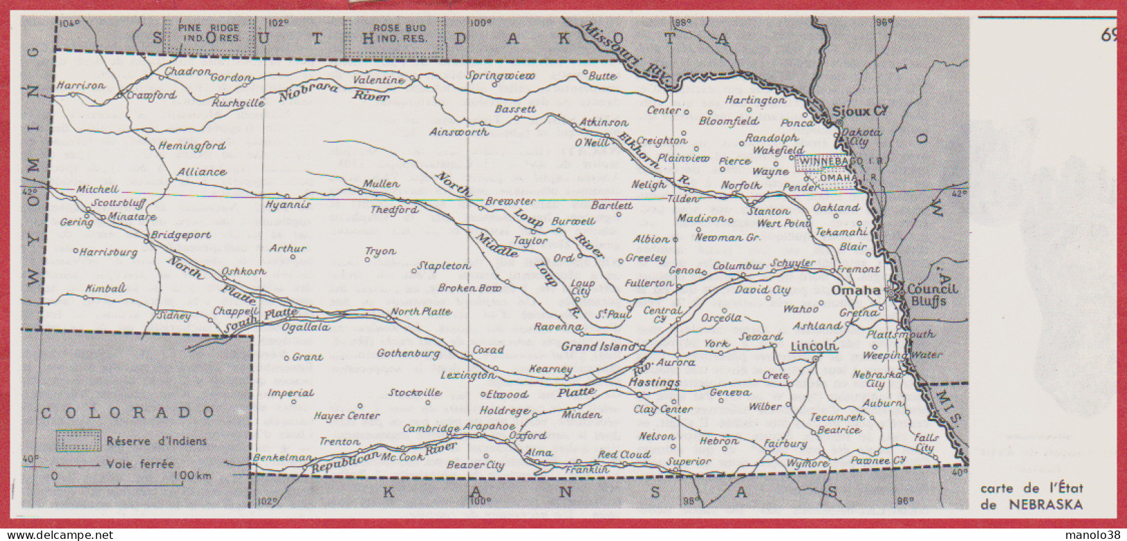 Carte Du Nebraska. Carte Avec Réserves Indiennes, Voie Ferrée. Etats Unis. USA. Larousse 1960. - Documents Historiques