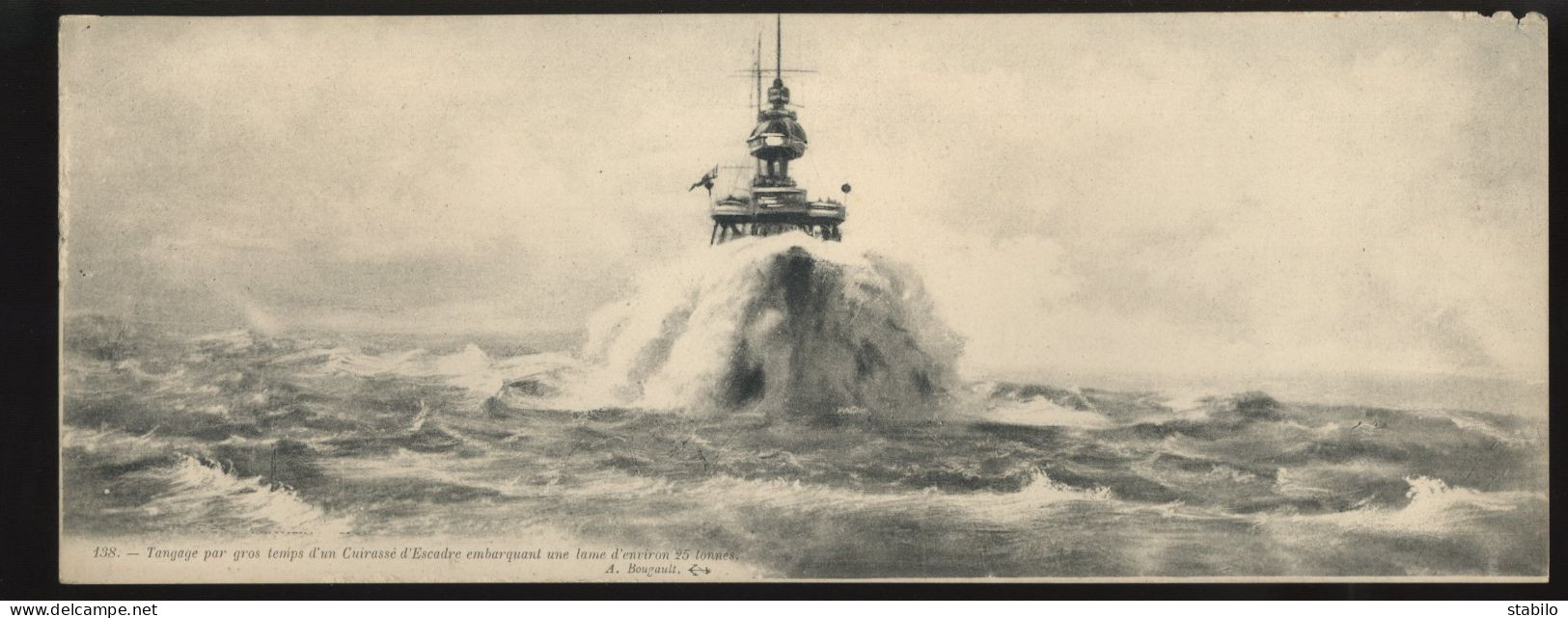 BATEAU DE GUERRE - CUIRASSE D'ESCADRE DANS LA TEMPETE - CARTE LETTRE DOUBLE PANORAMIQUE - Krieg